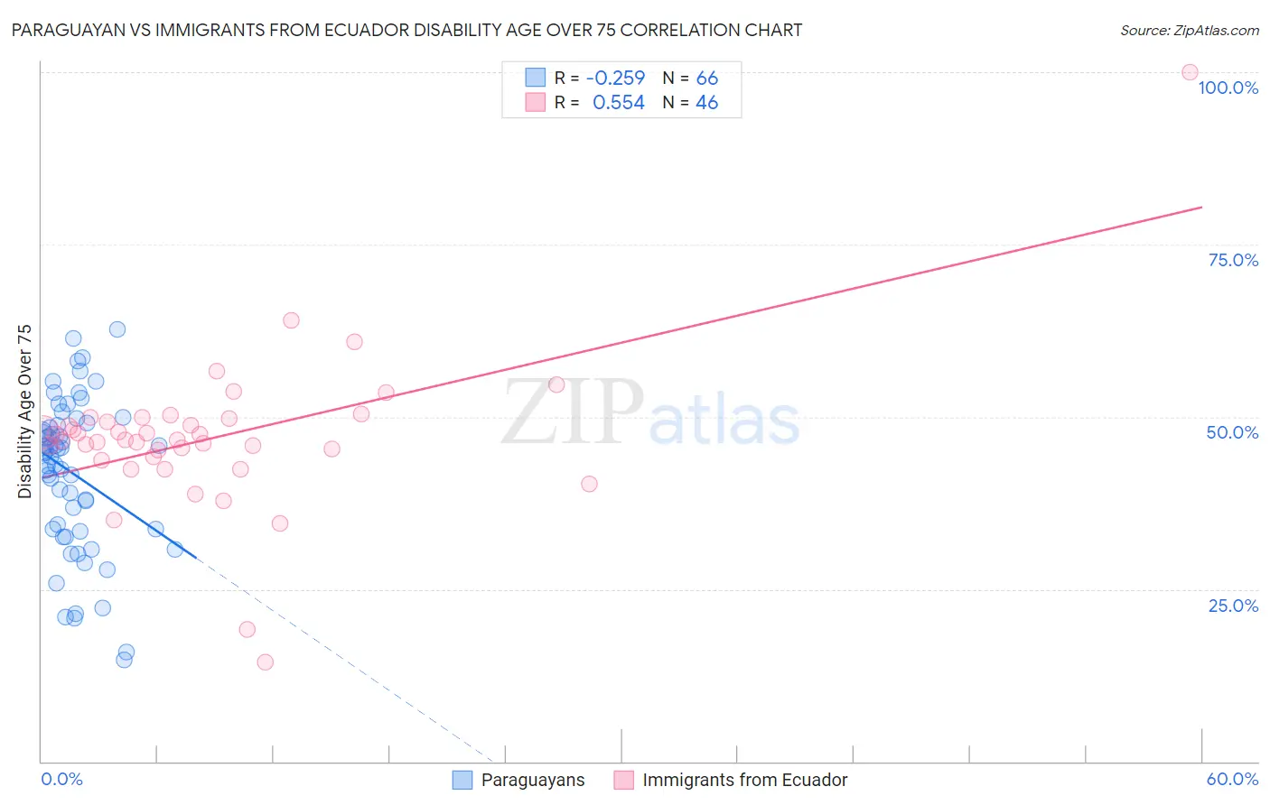 Paraguayan vs Immigrants from Ecuador Disability Age Over 75