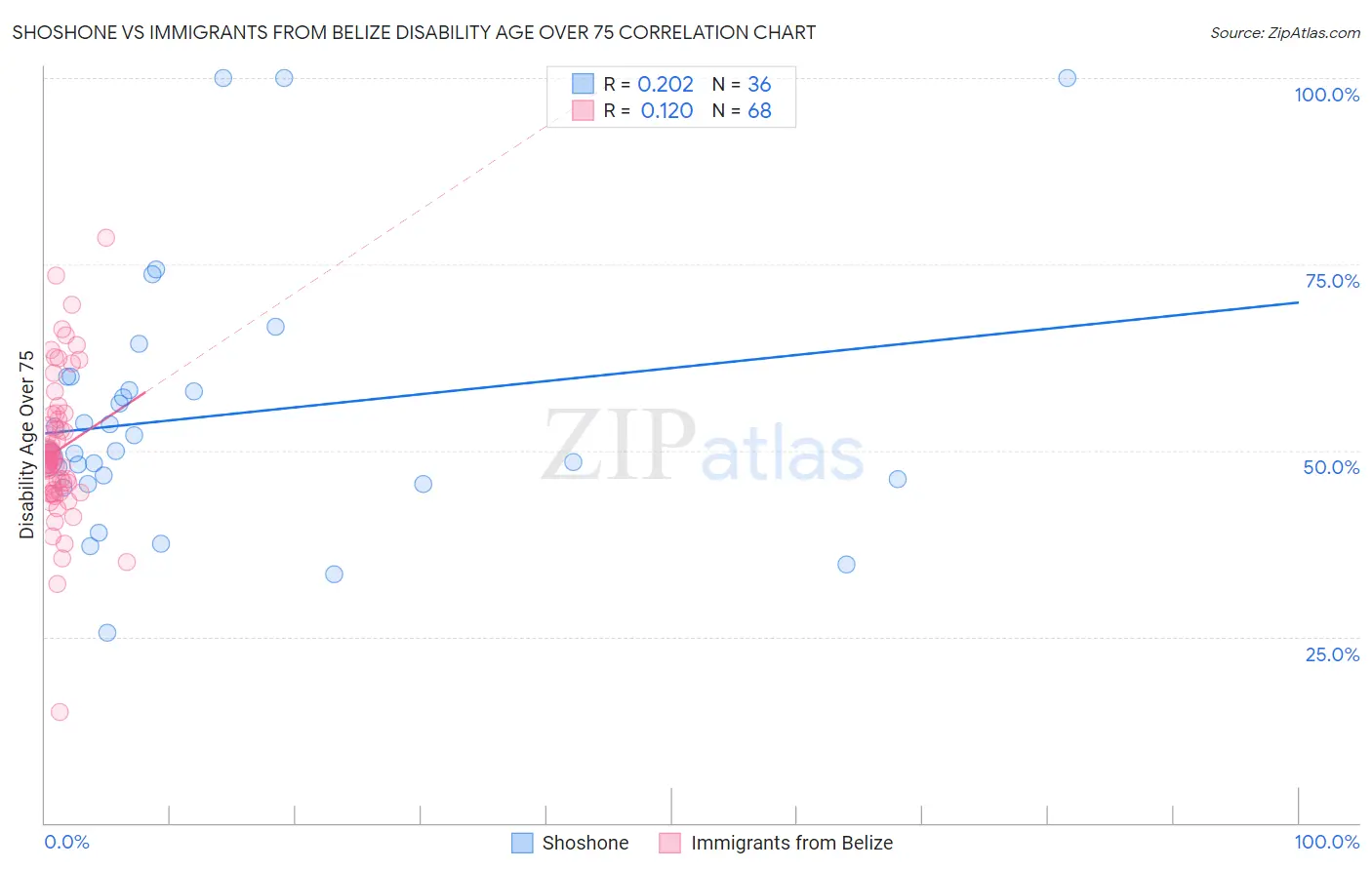 Shoshone vs Immigrants from Belize Disability Age Over 75
