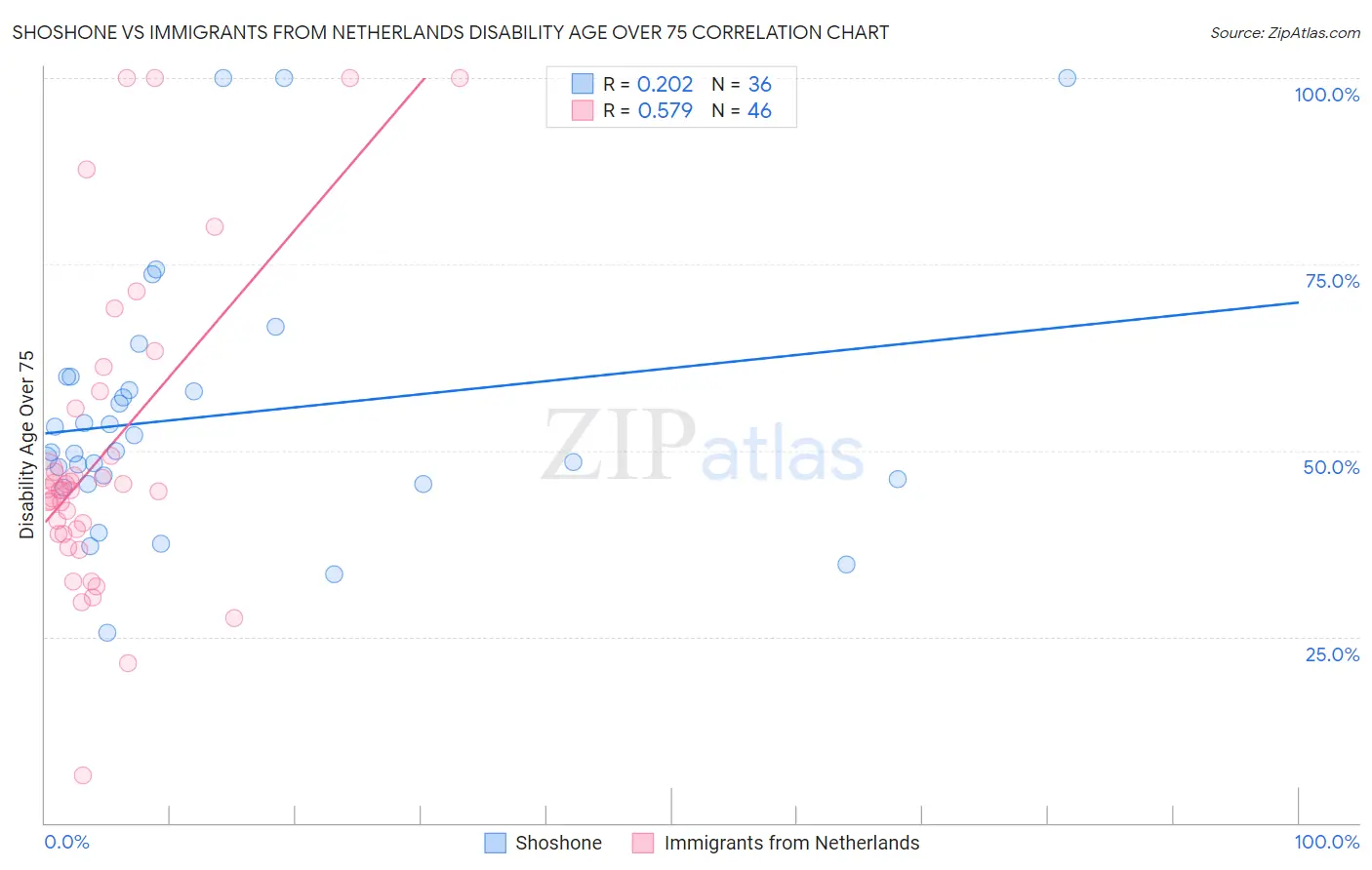 Shoshone vs Immigrants from Netherlands Disability Age Over 75