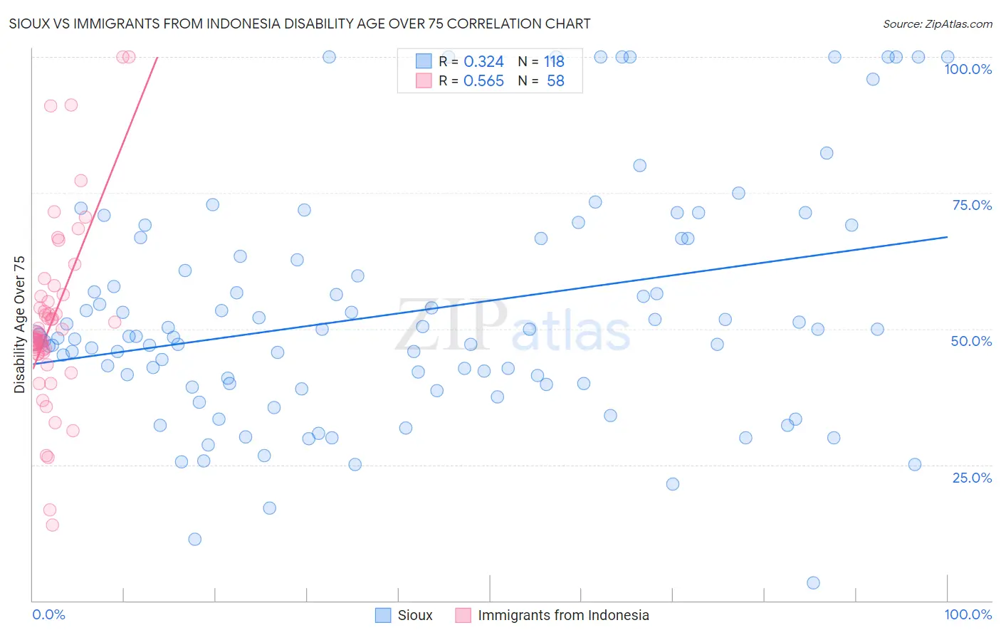 Sioux vs Immigrants from Indonesia Disability Age Over 75
