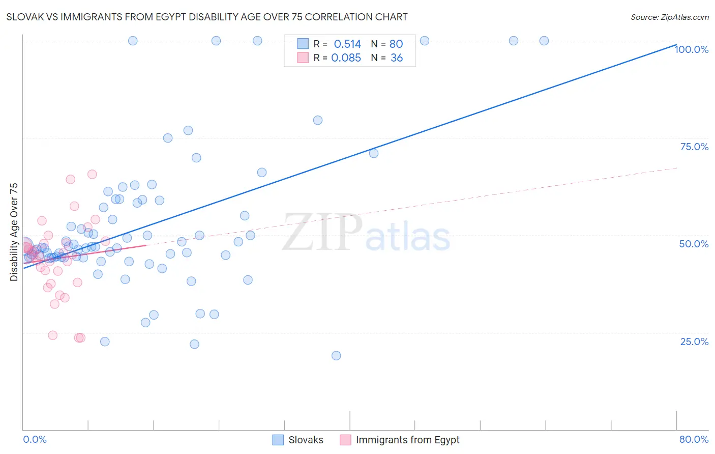 Slovak vs Immigrants from Egypt Disability Age Over 75