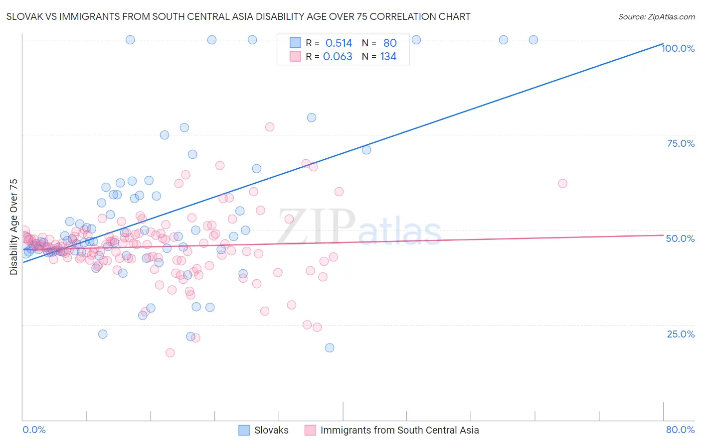 Slovak vs Immigrants from South Central Asia Disability Age Over 75