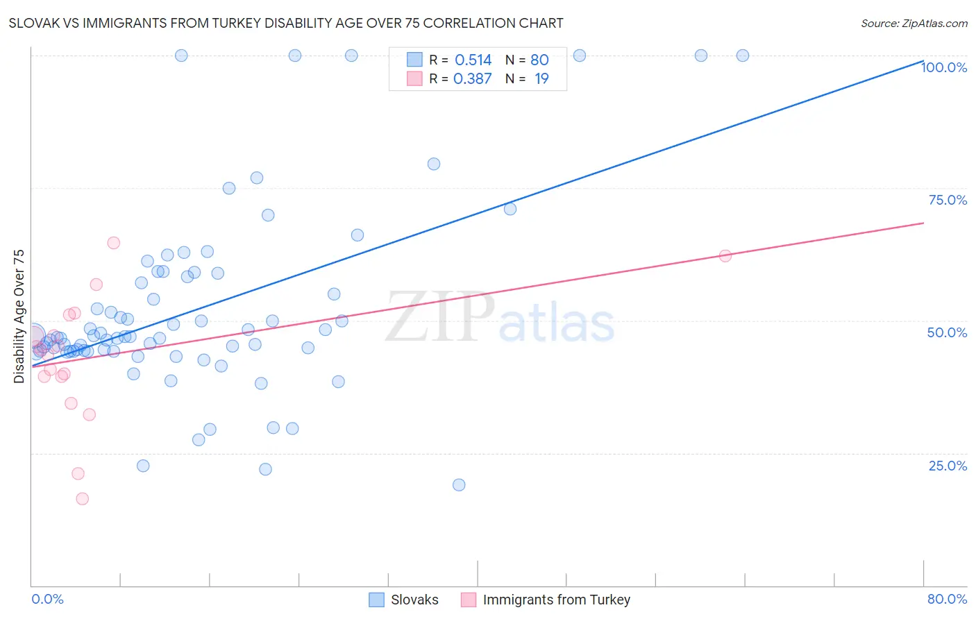 Slovak vs Immigrants from Turkey Disability Age Over 75