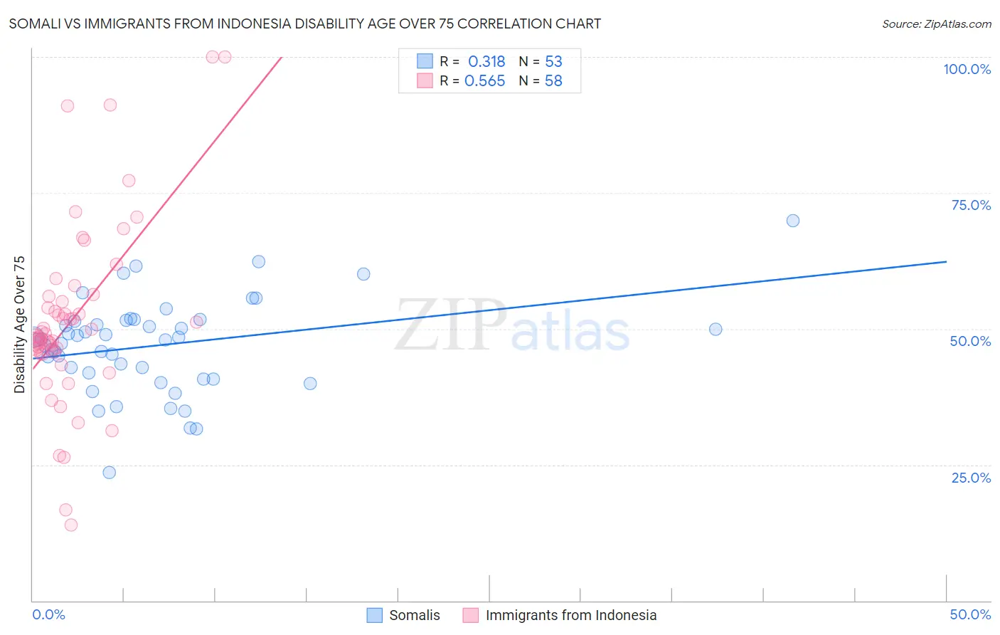 Somali vs Immigrants from Indonesia Disability Age Over 75
