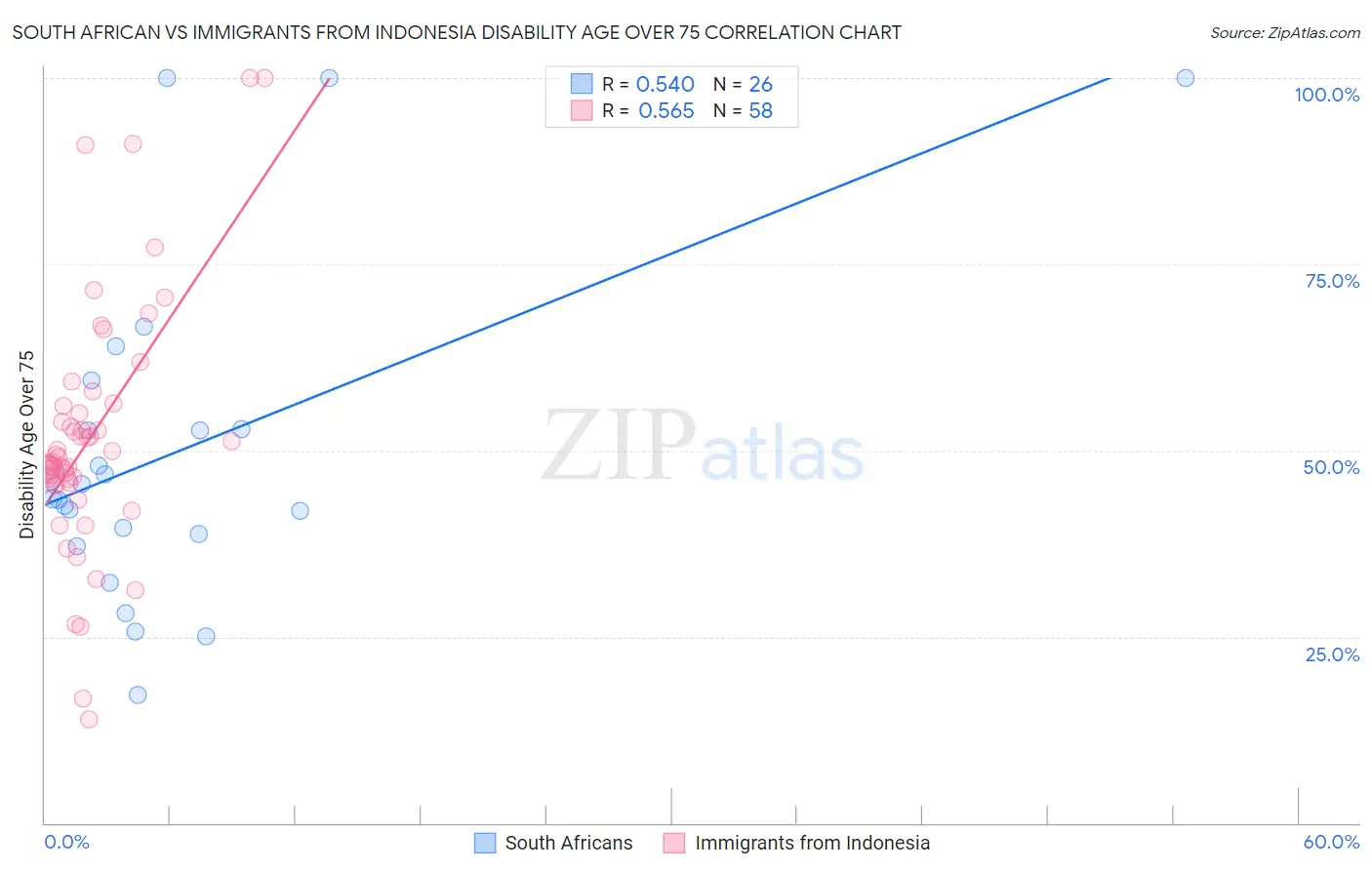 South African vs Immigrants from Indonesia Disability Age Over 75