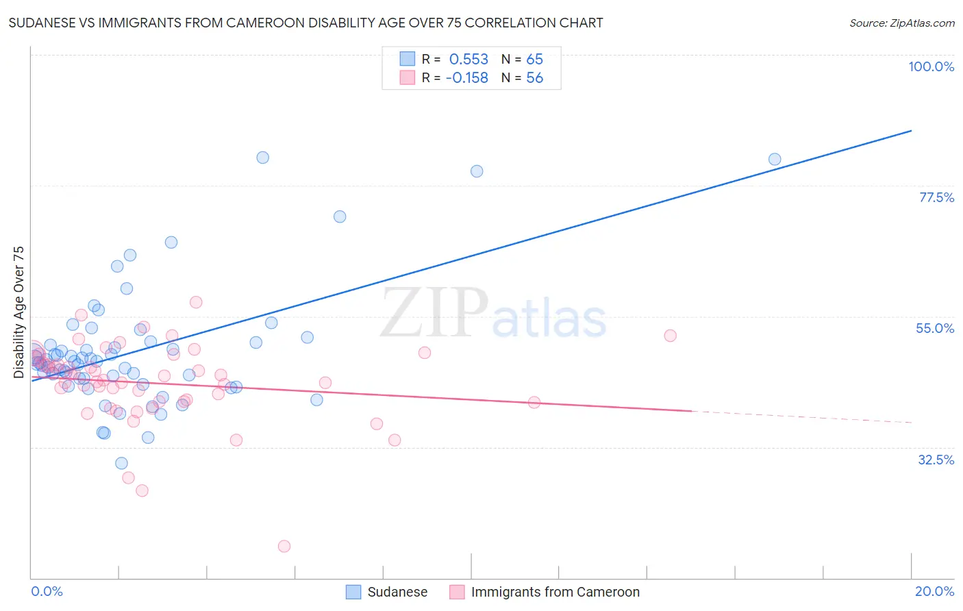Sudanese vs Immigrants from Cameroon Disability Age Over 75