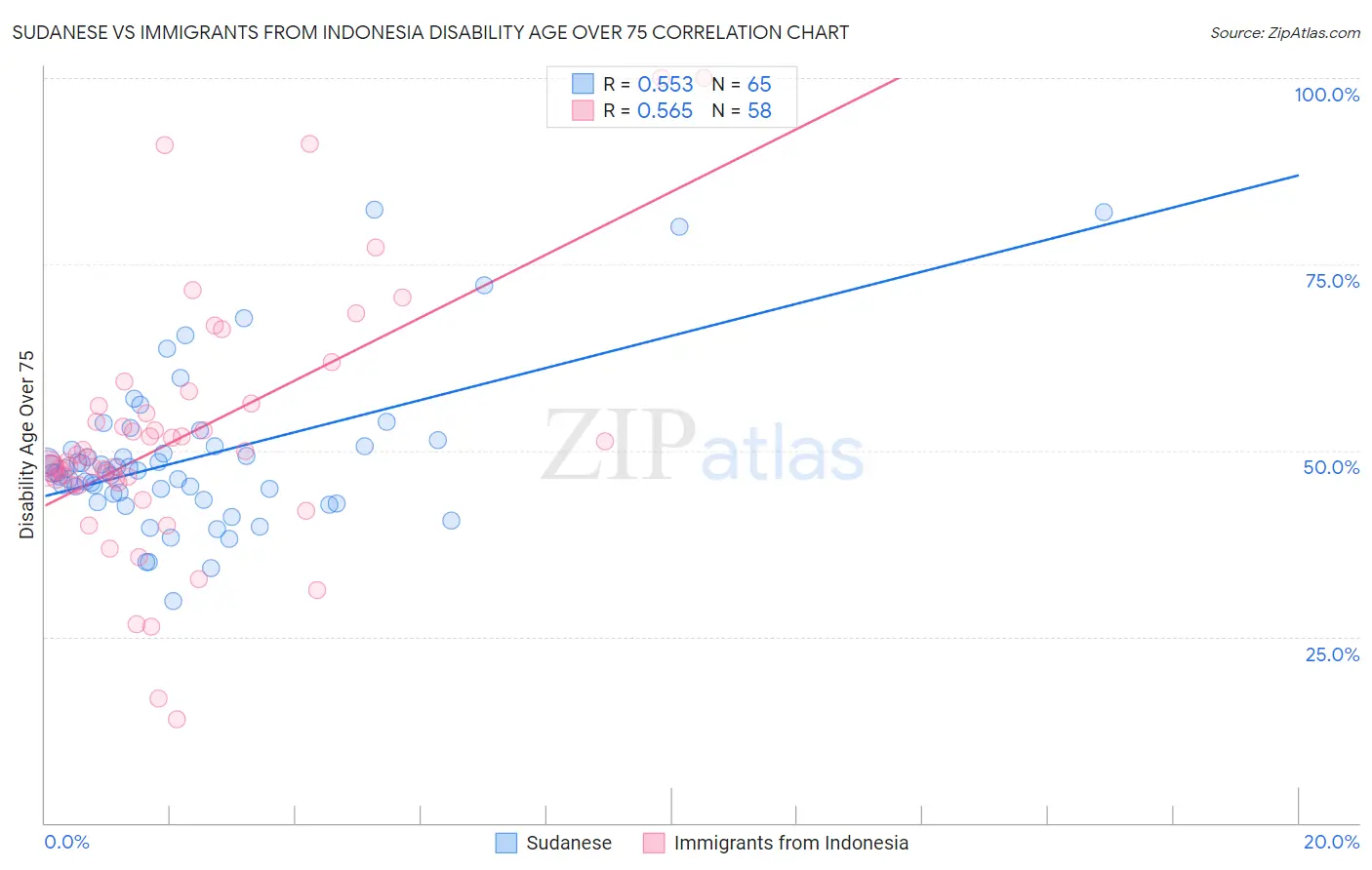 Sudanese vs Immigrants from Indonesia Disability Age Over 75