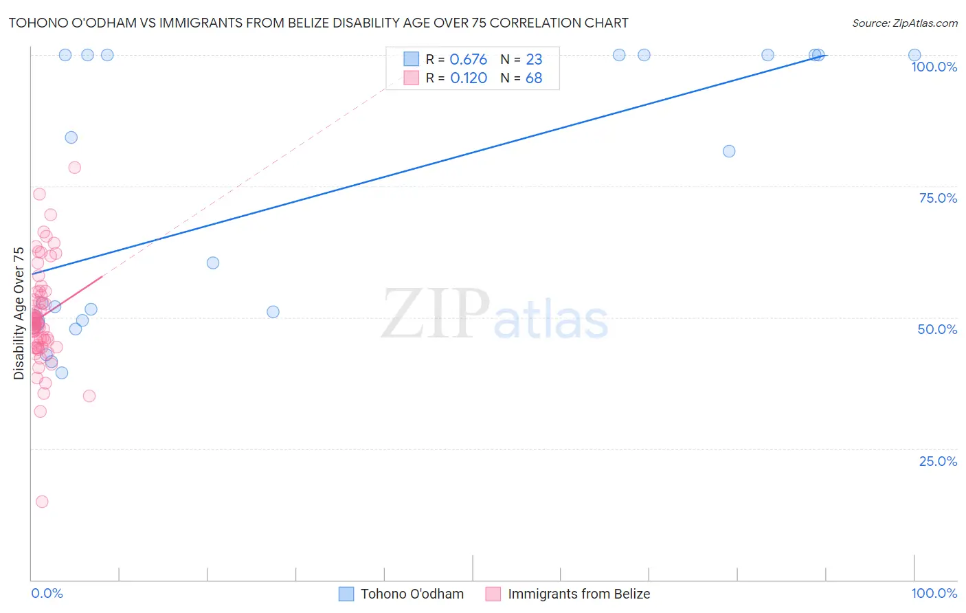 Tohono O'odham vs Immigrants from Belize Disability Age Over 75