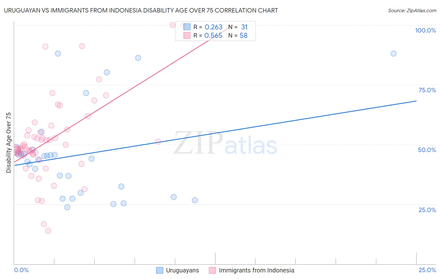 Uruguayan vs Immigrants from Indonesia Disability Age Over 75