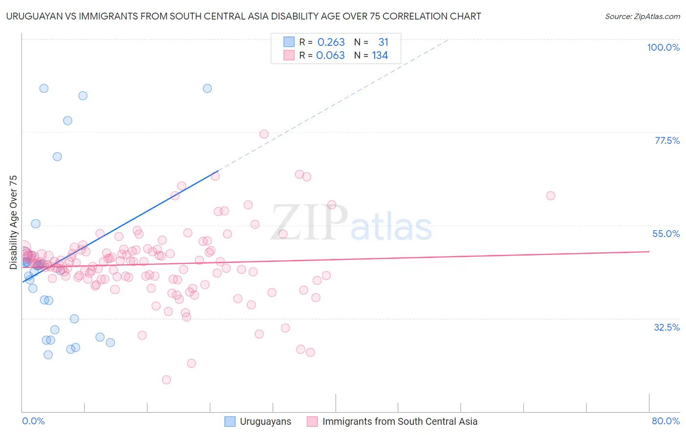 Uruguayan vs Immigrants from South Central Asia Disability Age Over 75