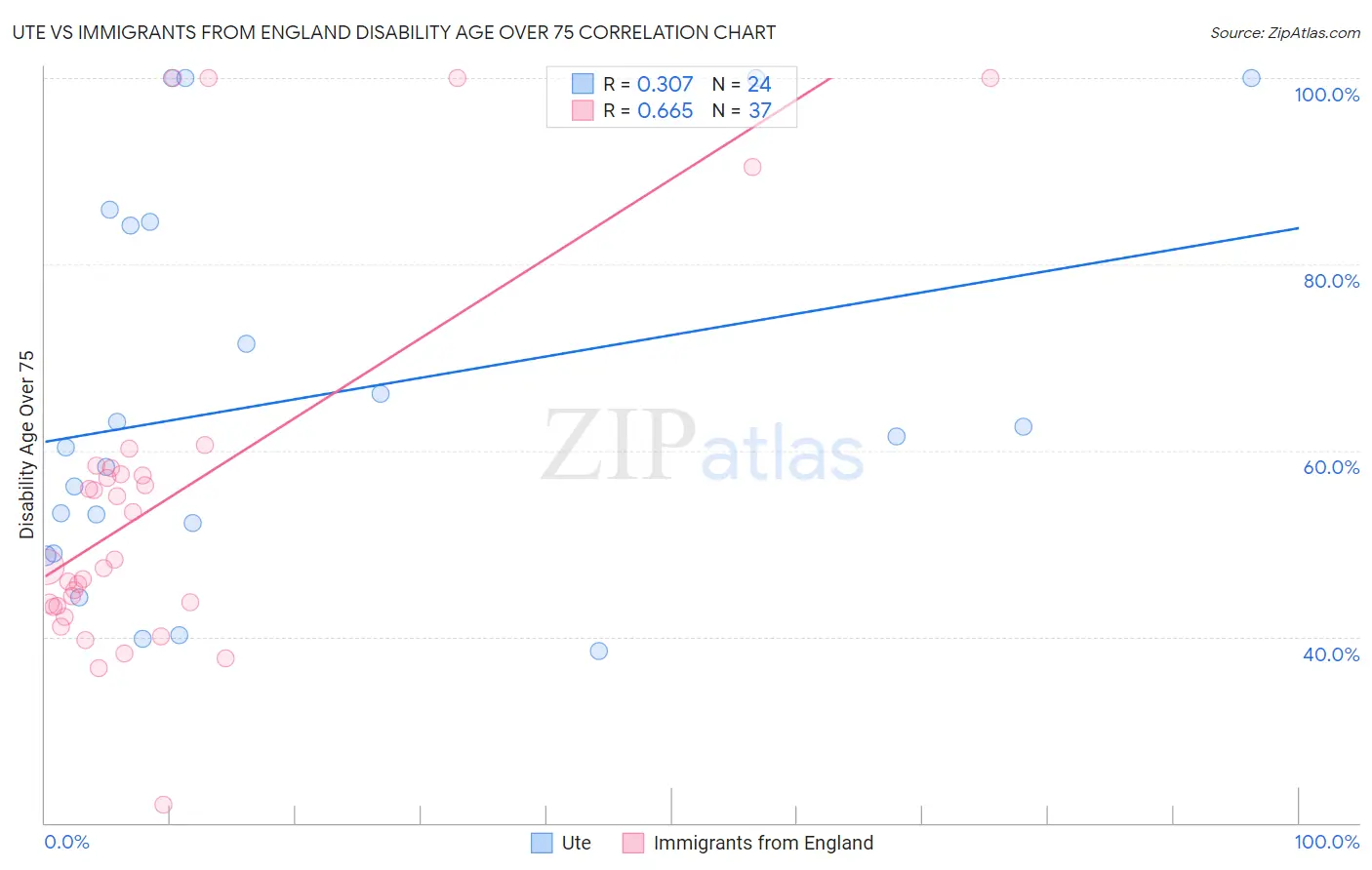 Ute vs Immigrants from England Disability Age Over 75