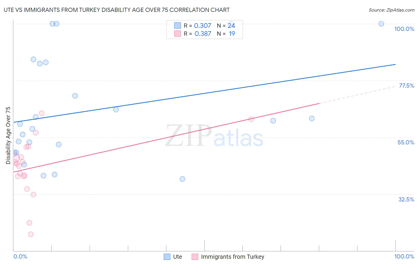 Ute vs Immigrants from Turkey Disability Age Over 75