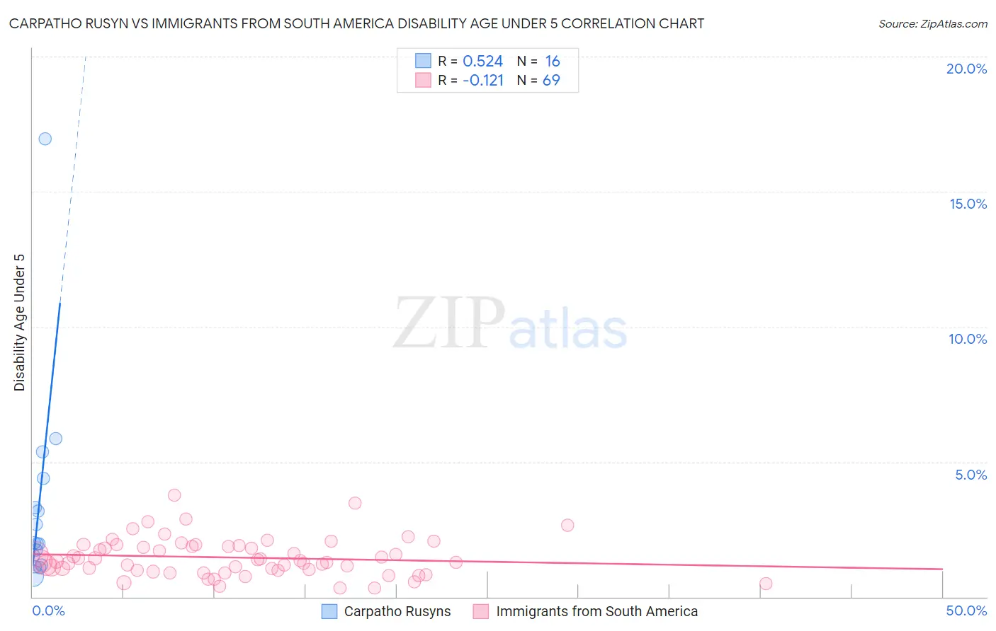 Carpatho Rusyn vs Immigrants from South America Disability Age Under 5
