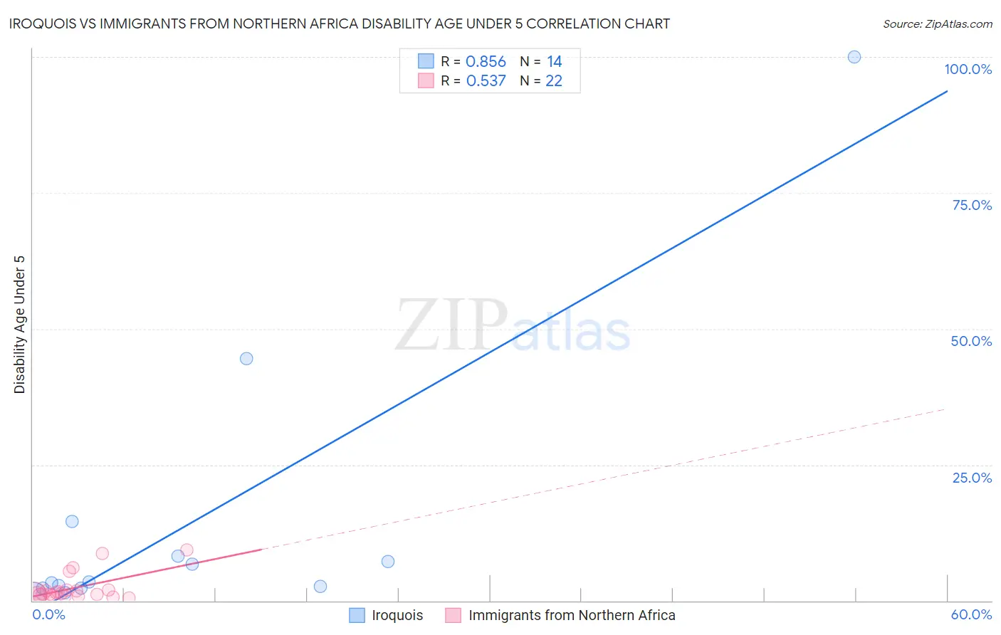 Iroquois vs Immigrants from Northern Africa Disability Age Under 5