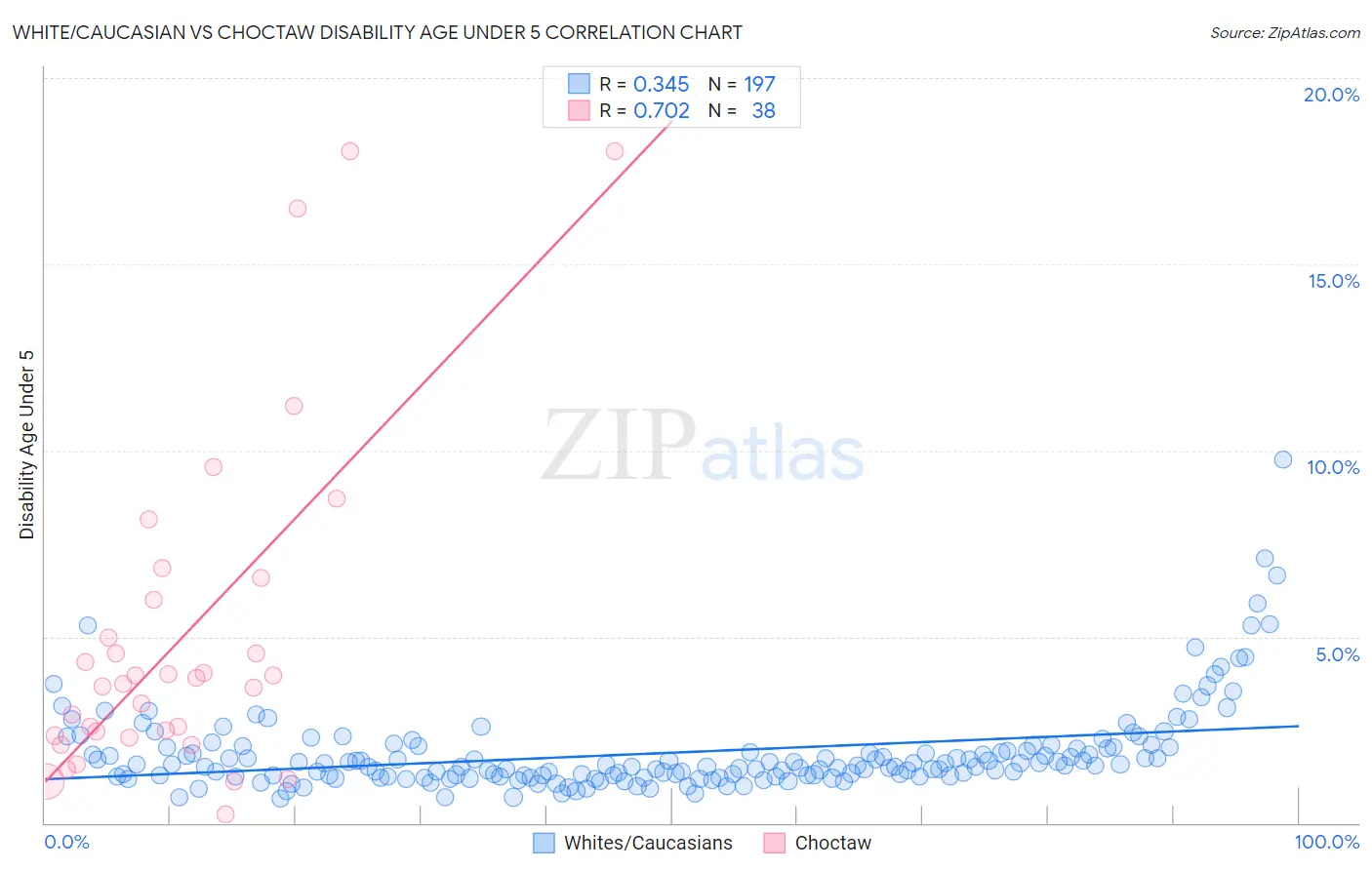 White/Caucasian vs Choctaw Disability Age Under 5