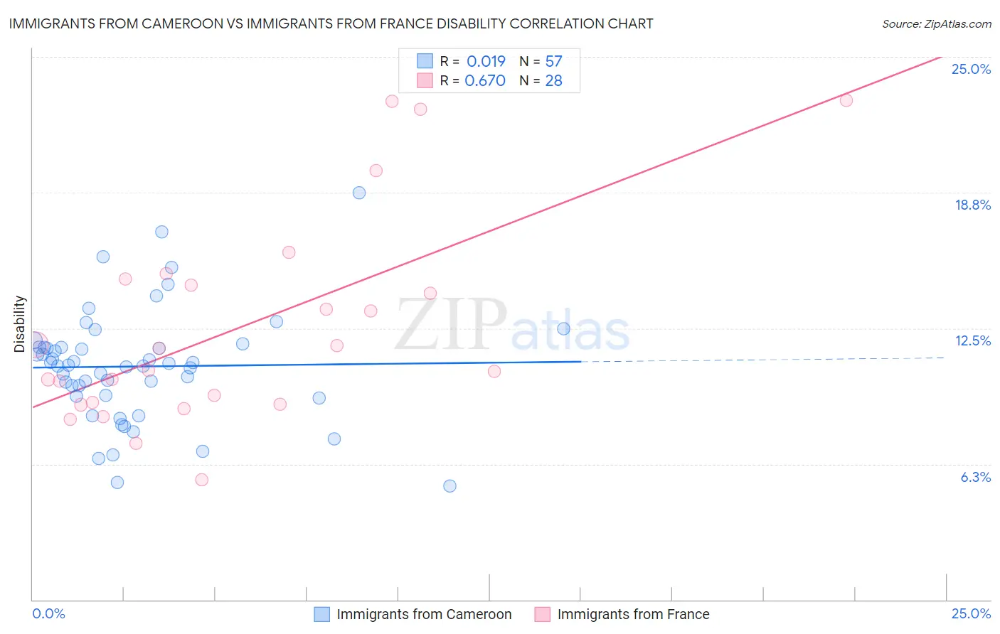 Immigrants from Cameroon vs Immigrants from France Disability