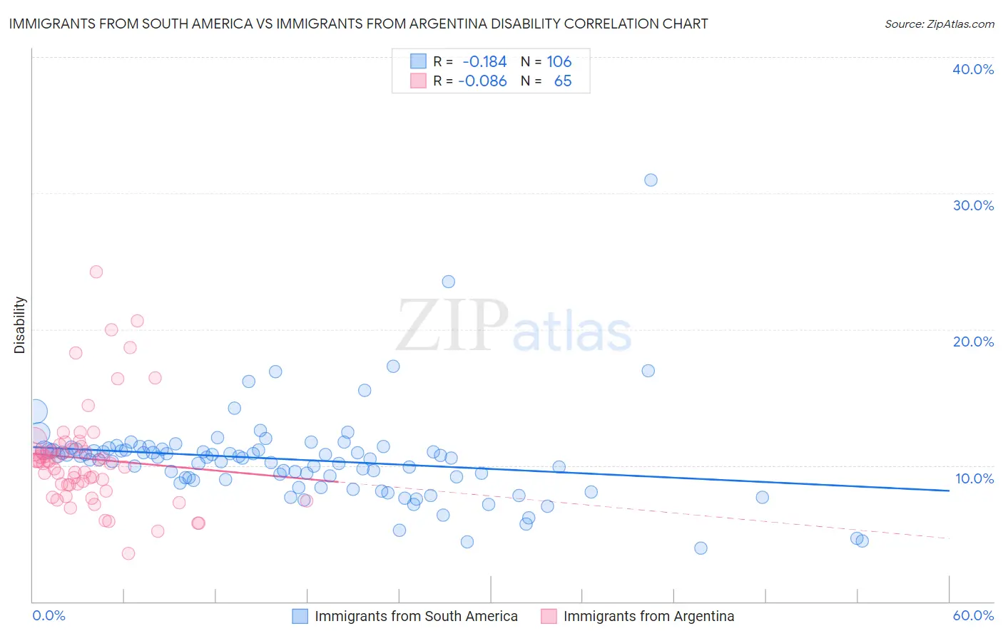 Immigrants from South America vs Immigrants from Argentina Disability
