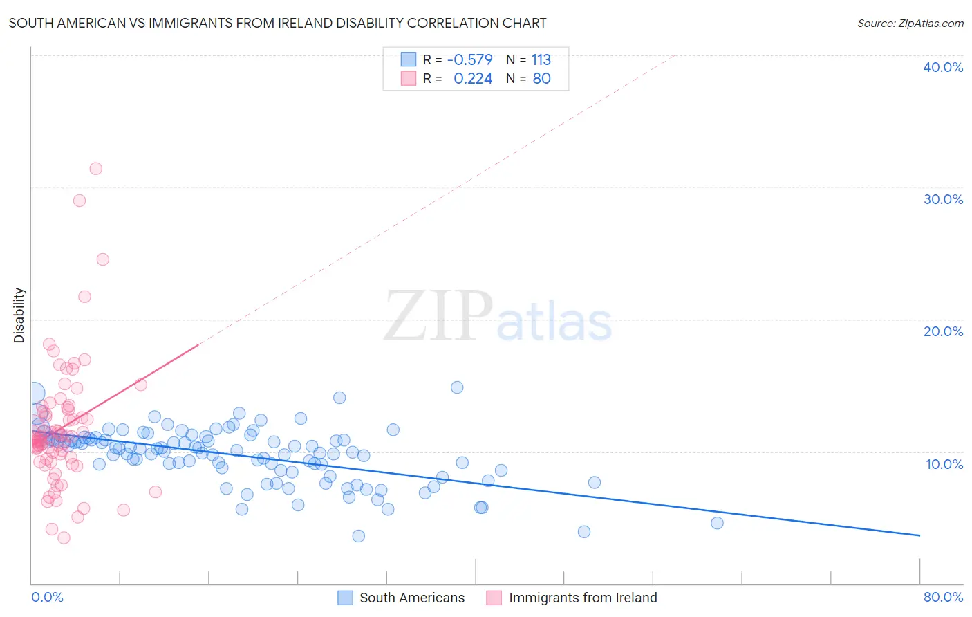 South American vs Immigrants from Ireland Disability