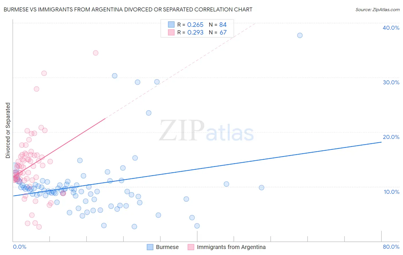 Burmese vs Immigrants from Argentina Divorced or Separated