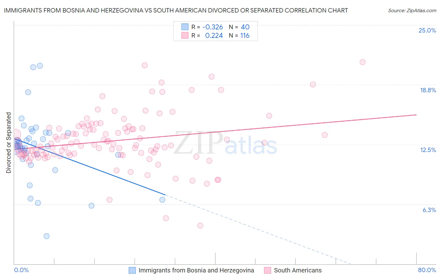 Immigrants from Bosnia and Herzegovina vs South American Divorced or Separated
