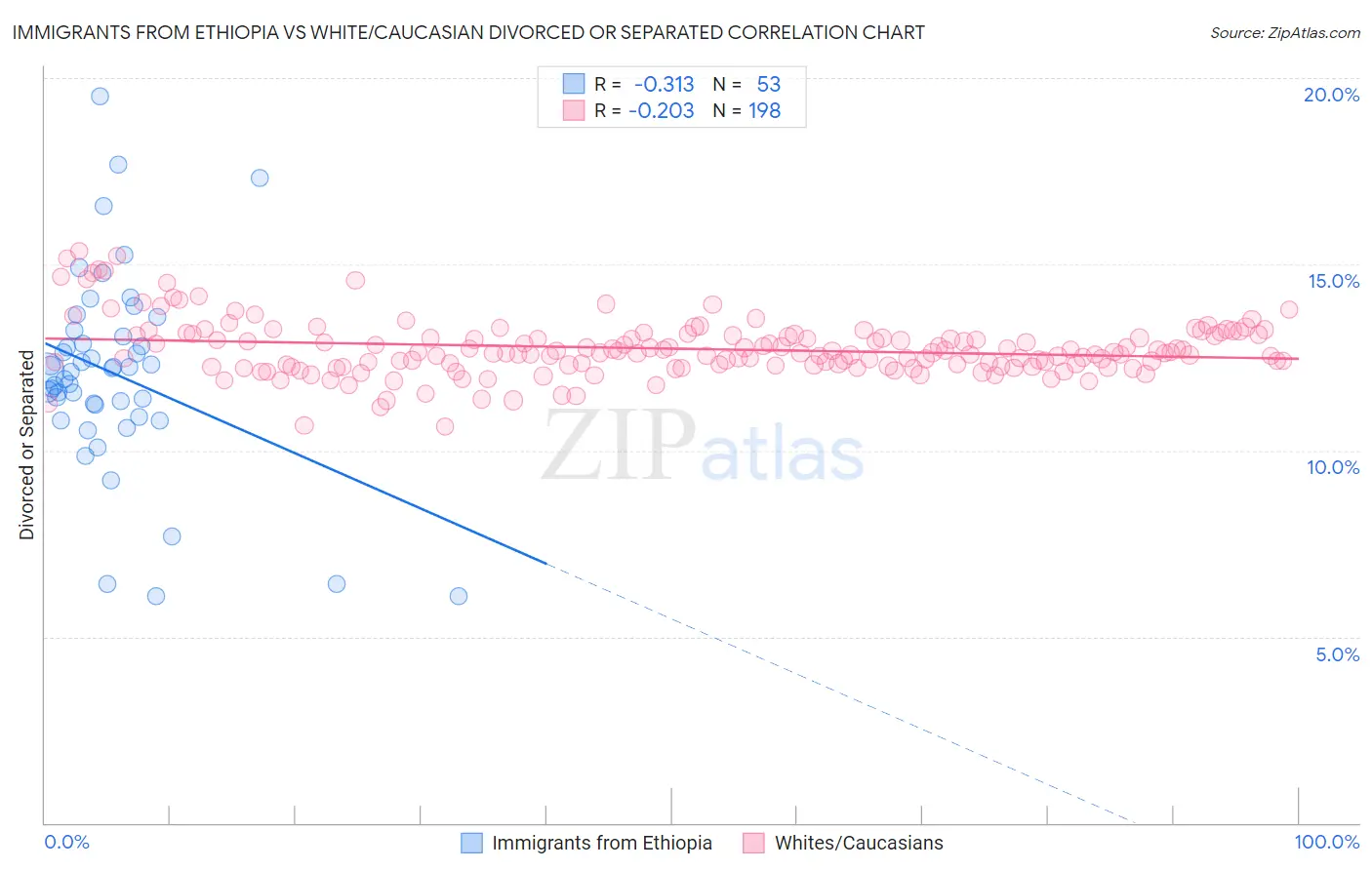 Immigrants from Ethiopia vs White/Caucasian Divorced or Separated