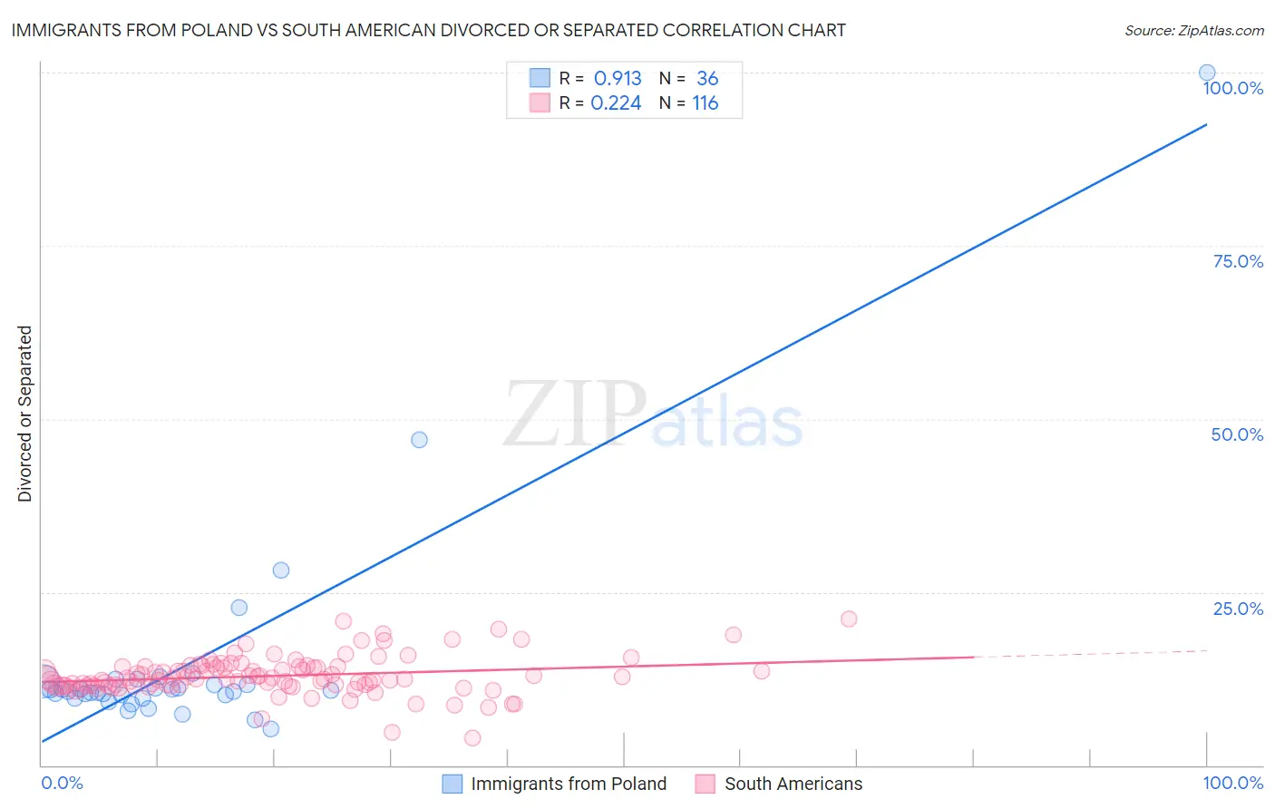 Immigrants from Poland vs South American Divorced or Separated