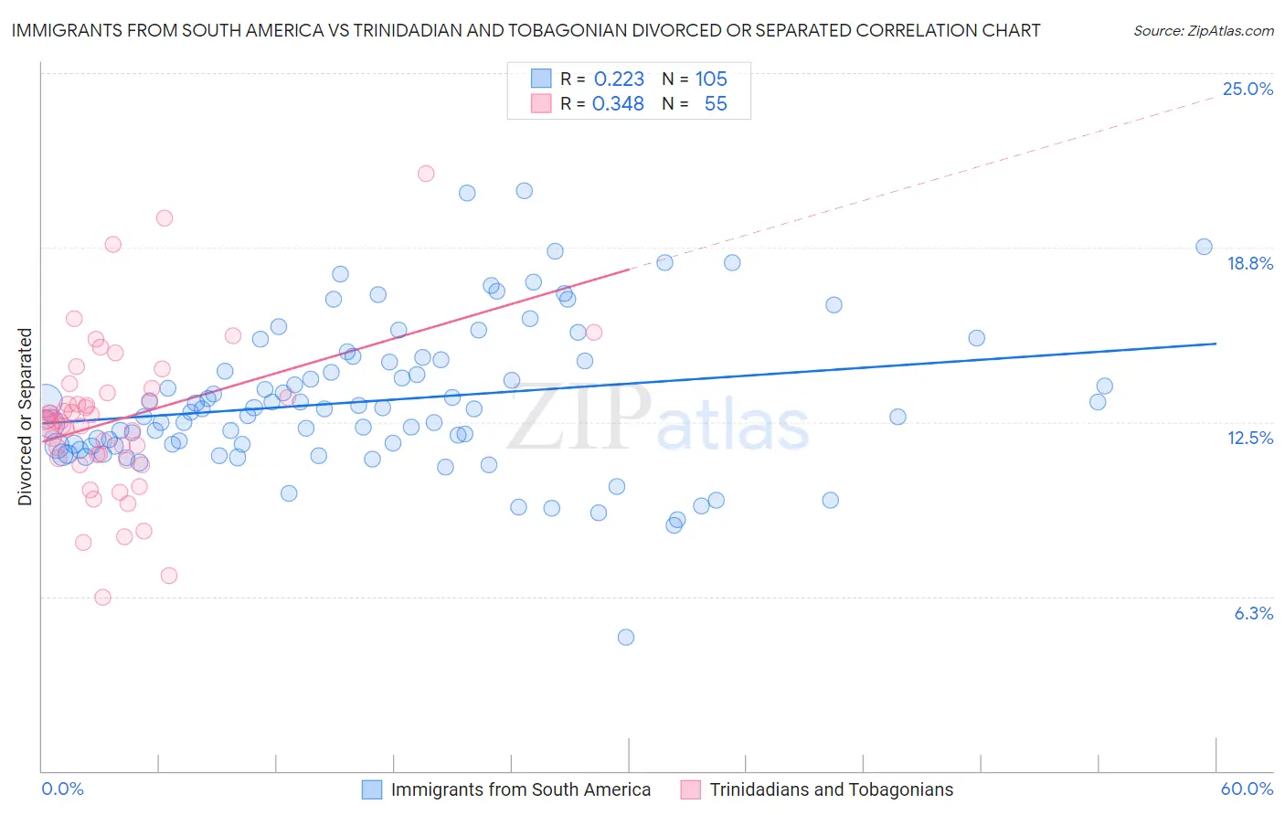 Immigrants from South America vs Trinidadian and Tobagonian Divorced or Separated