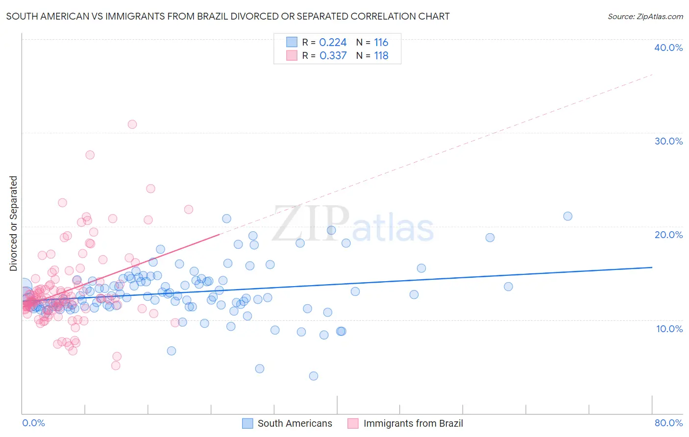 South American vs Immigrants from Brazil Divorced or Separated