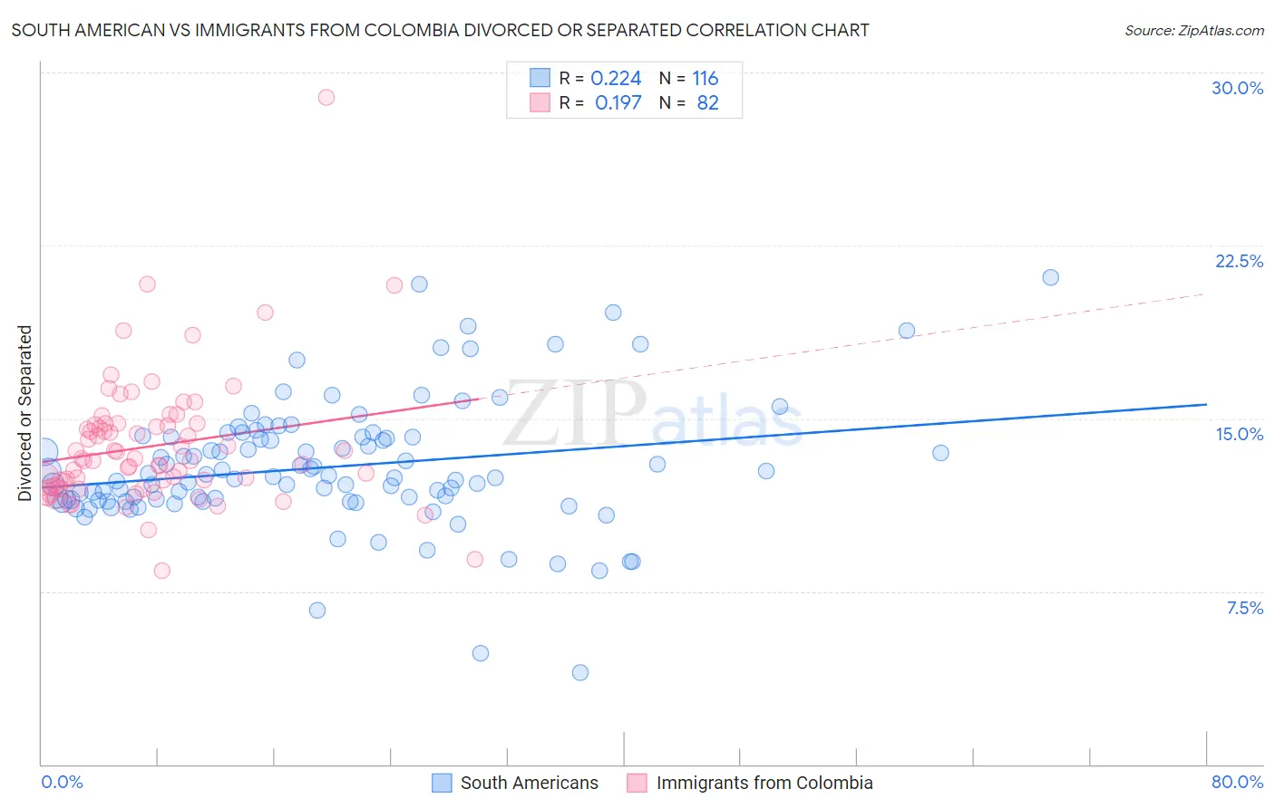 South American vs Immigrants from Colombia Divorced or Separated