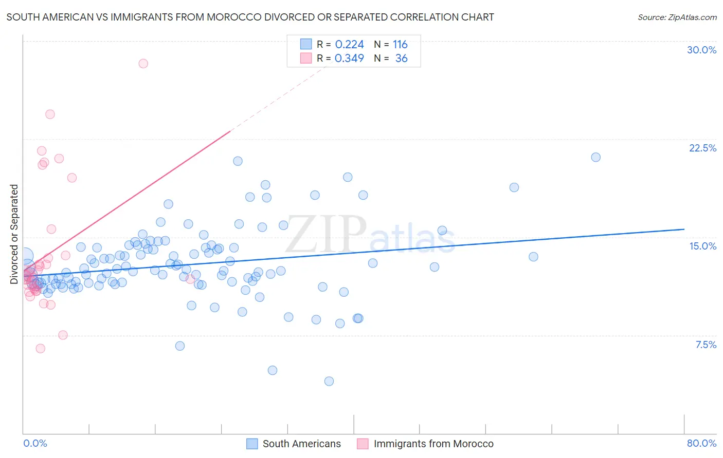 South American vs Immigrants from Morocco Divorced or Separated