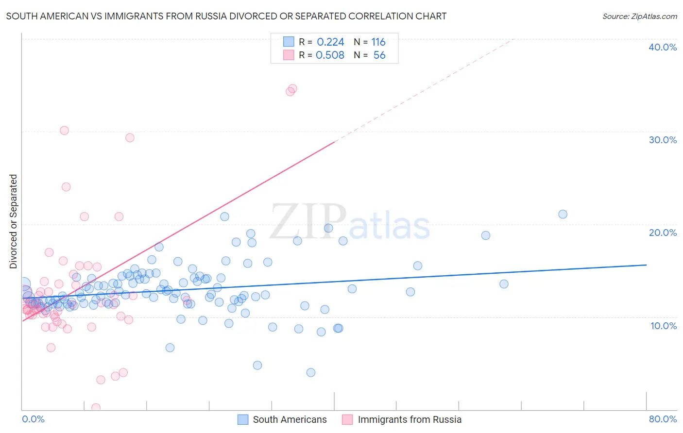 South American vs Immigrants from Russia Divorced or Separated