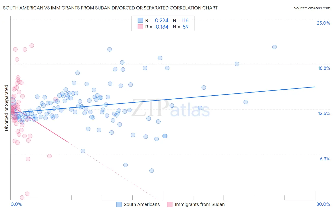 South American vs Immigrants from Sudan Divorced or Separated