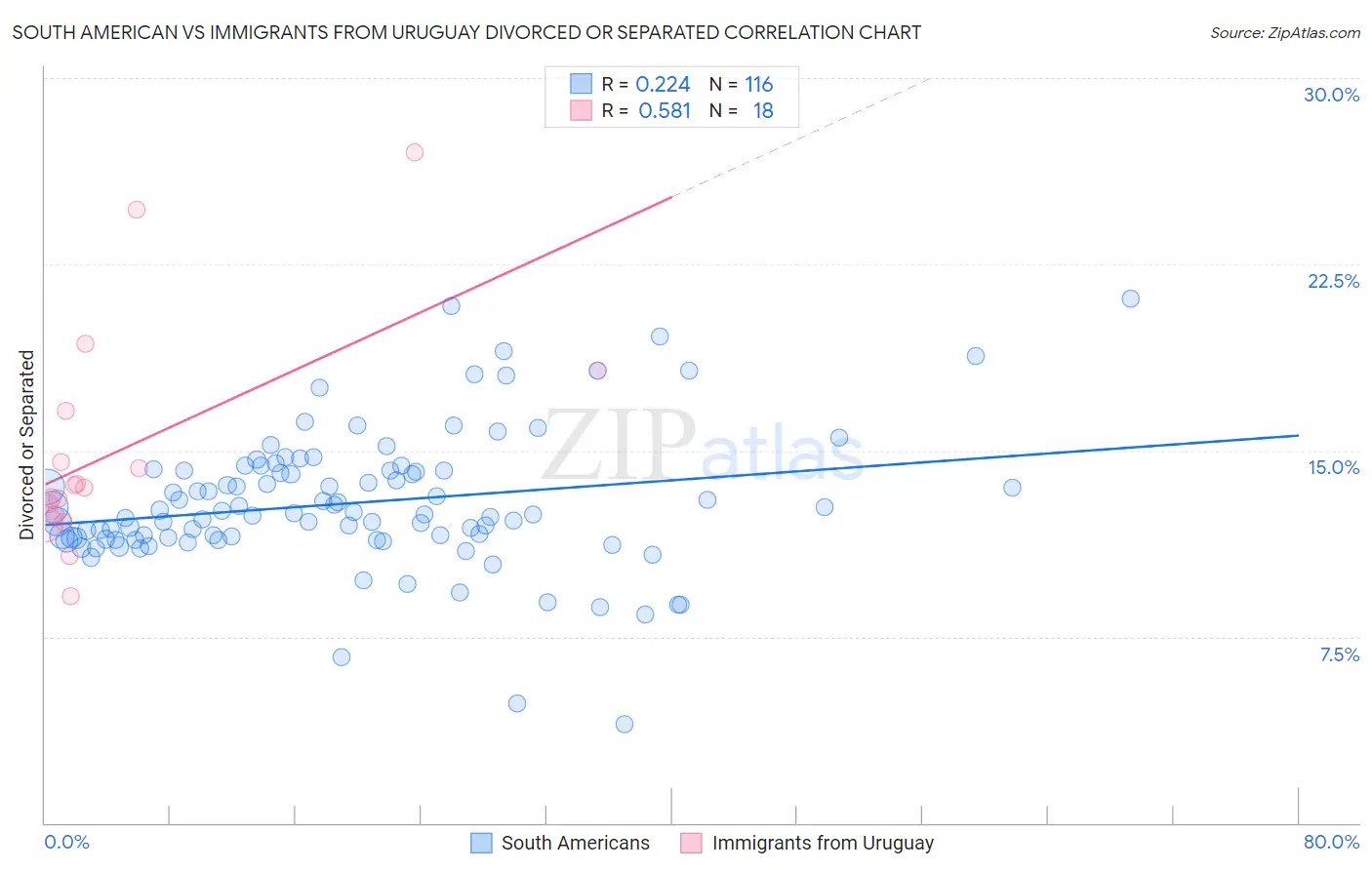 South American vs Immigrants from Uruguay Divorced or Separated