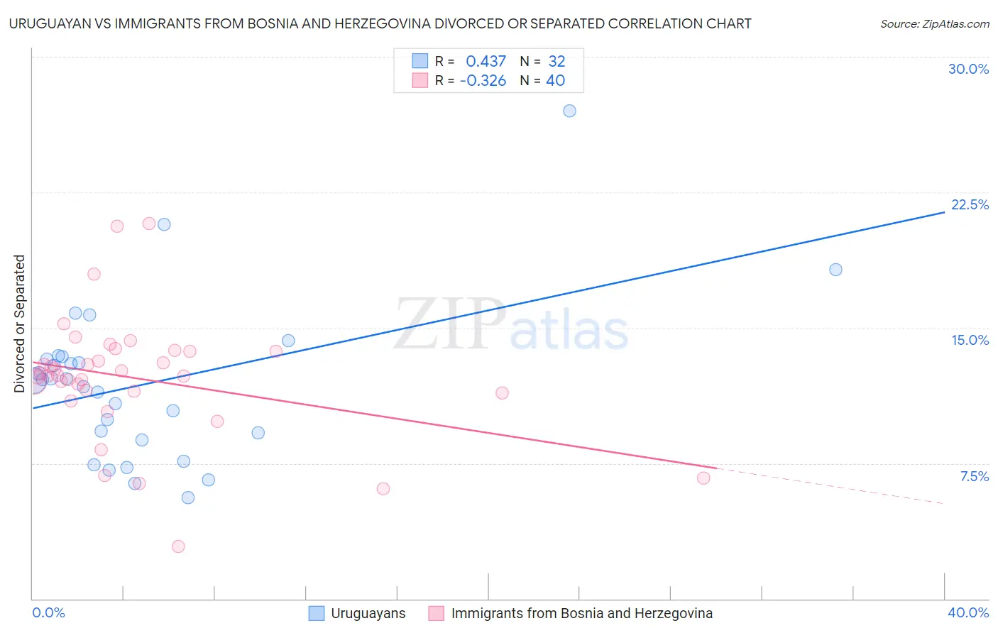 Uruguayan vs Immigrants from Bosnia and Herzegovina Divorced or Separated