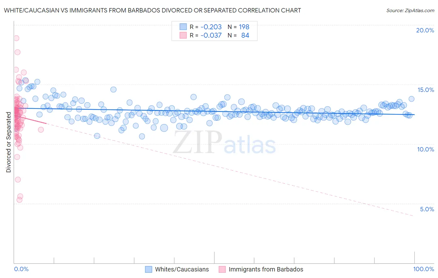 White/Caucasian vs Immigrants from Barbados Divorced or Separated