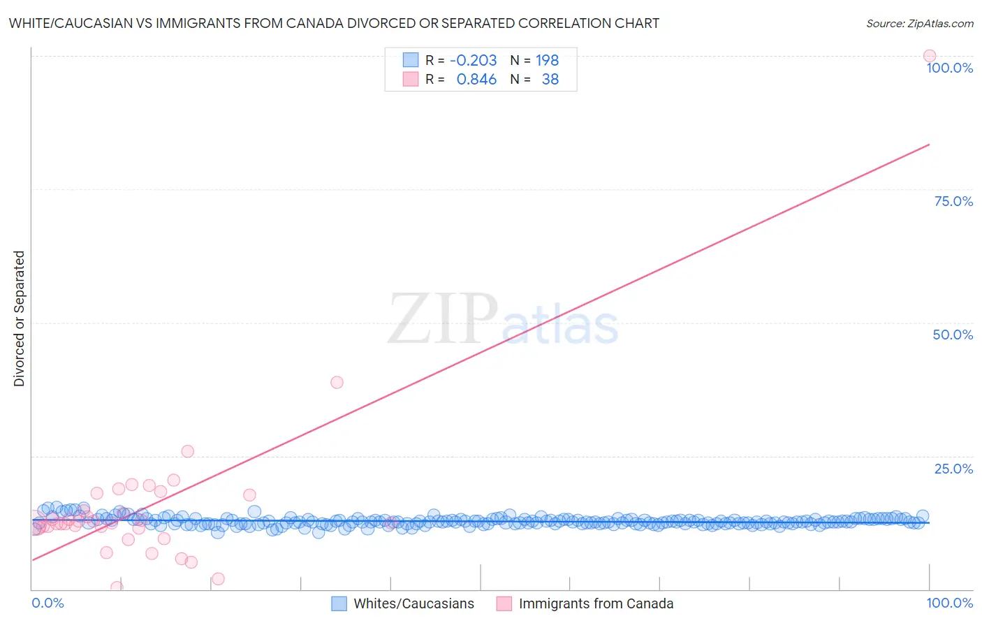 White/Caucasian vs Immigrants from Canada Divorced or Separated