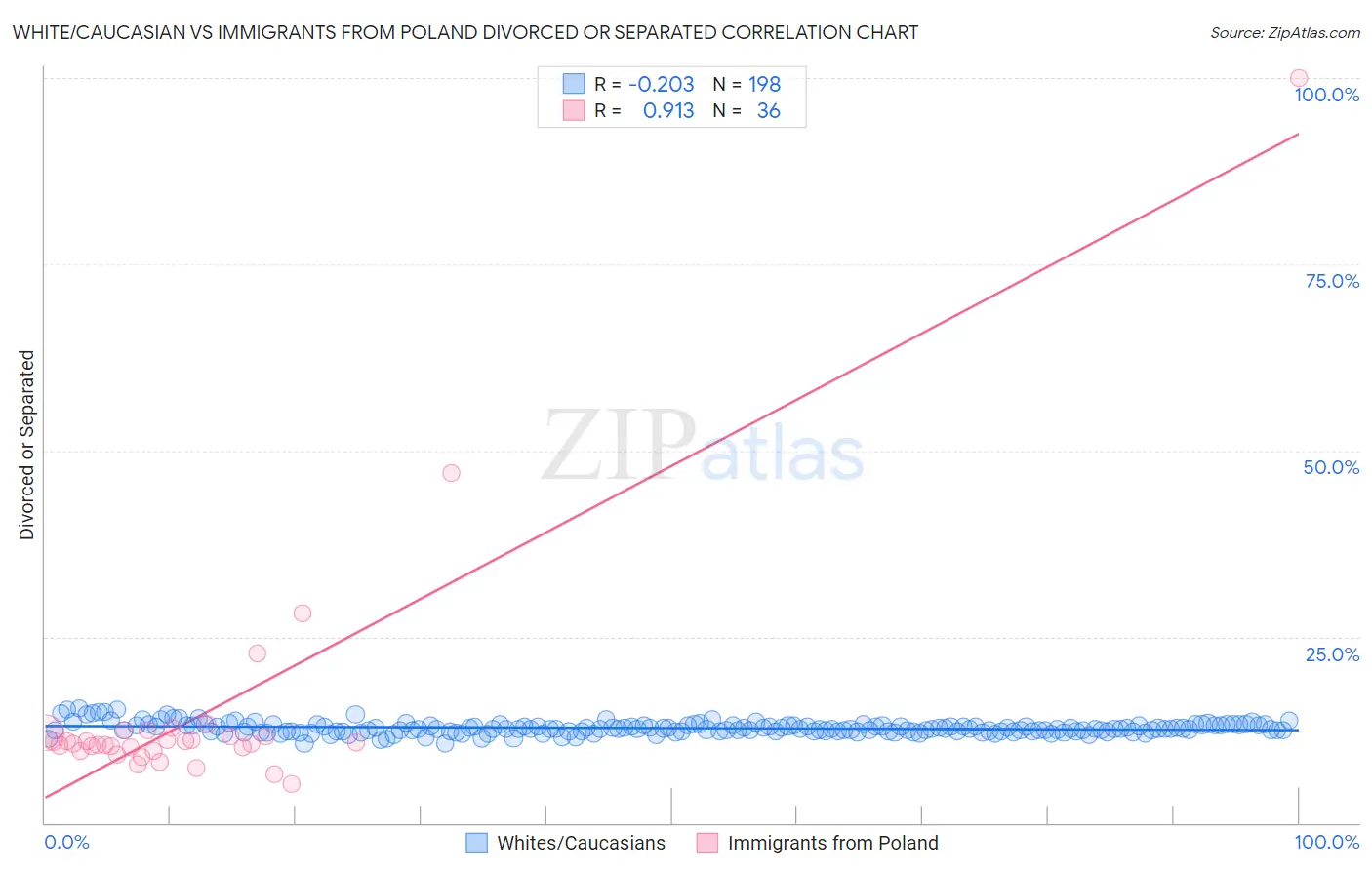 White/Caucasian vs Immigrants from Poland Divorced or Separated