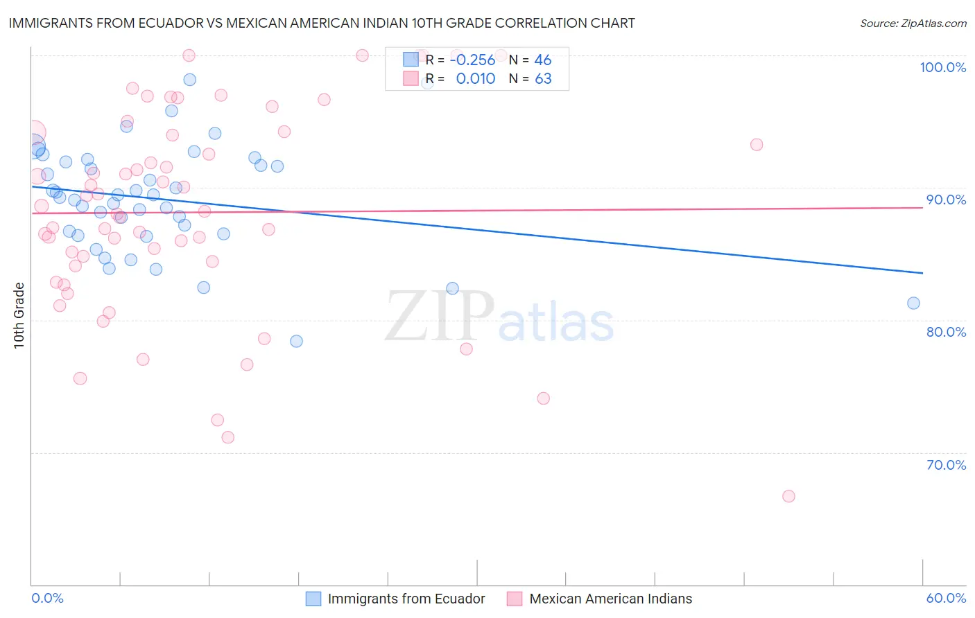 Immigrants from Ecuador vs Mexican American Indian 10th Grade