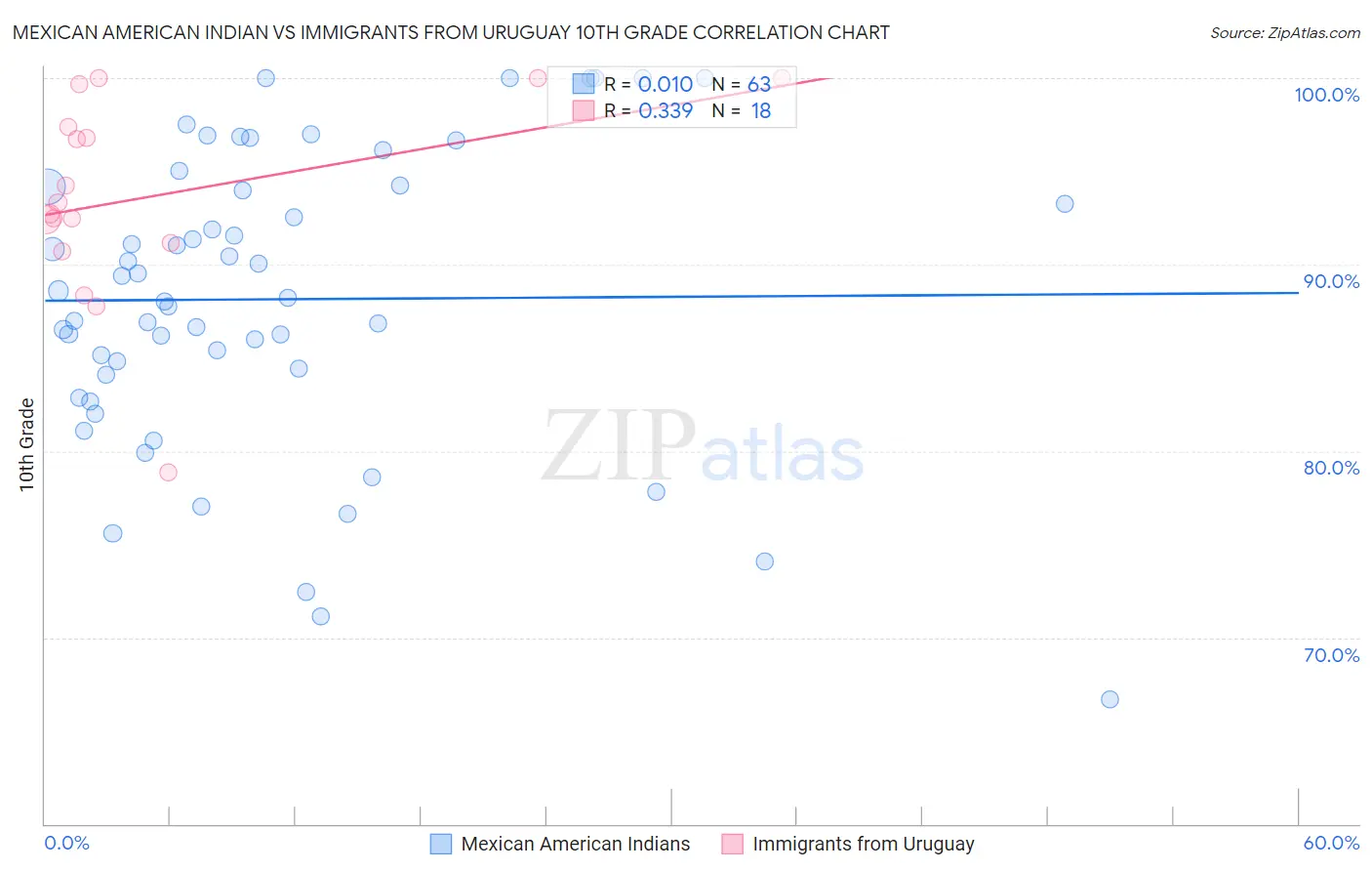 Mexican American Indian vs Immigrants from Uruguay 10th Grade