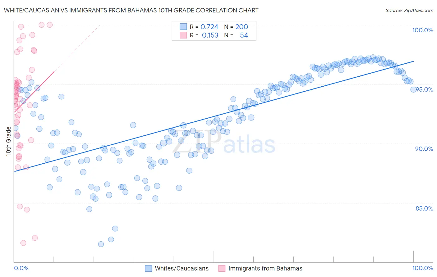 White/Caucasian vs Immigrants from Bahamas 10th Grade