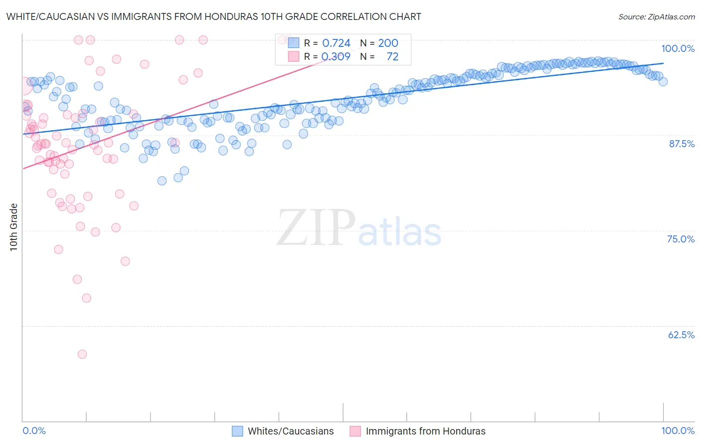 White/Caucasian vs Immigrants from Honduras 10th Grade