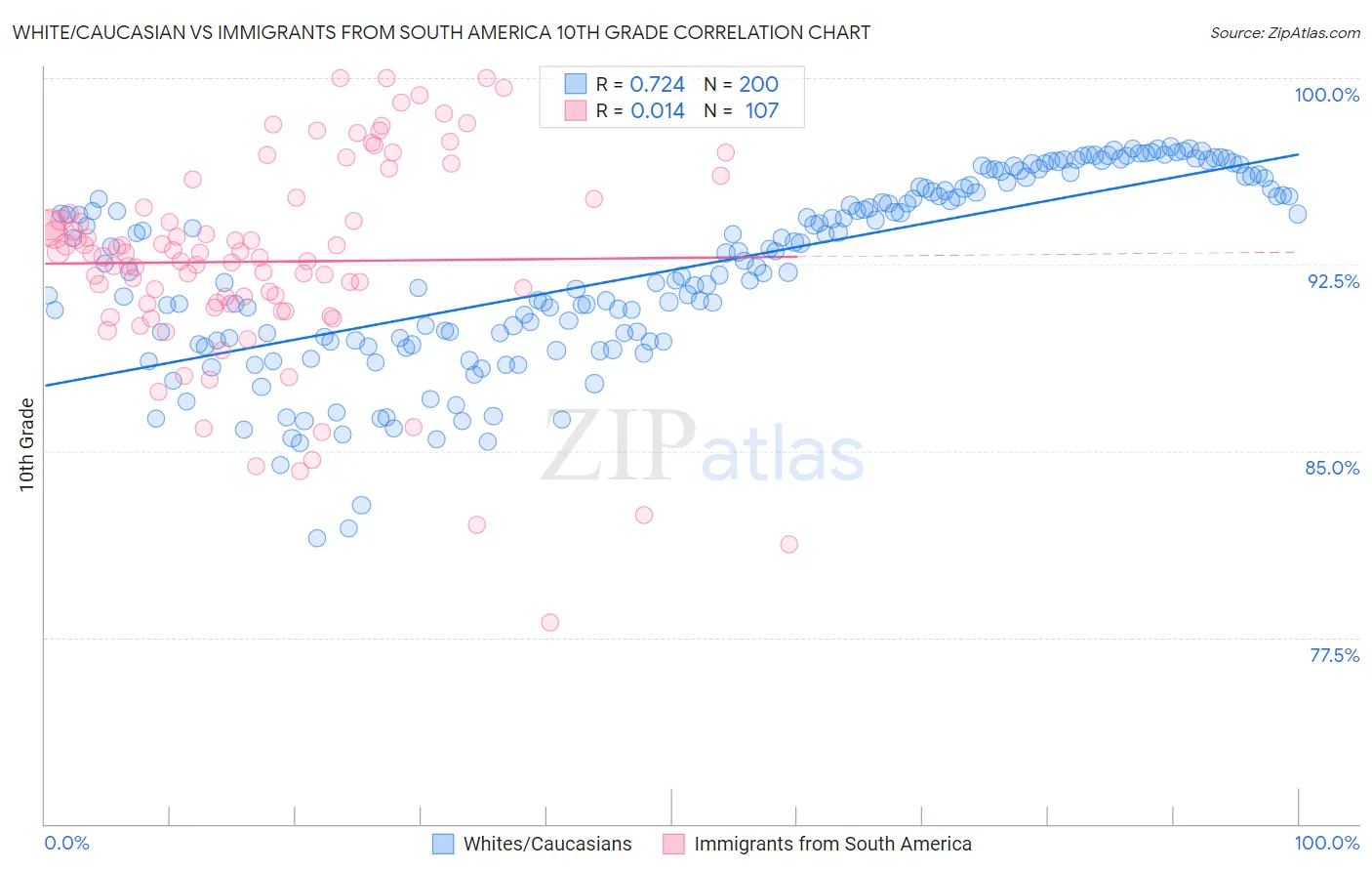 White/Caucasian vs Immigrants from South America 10th Grade