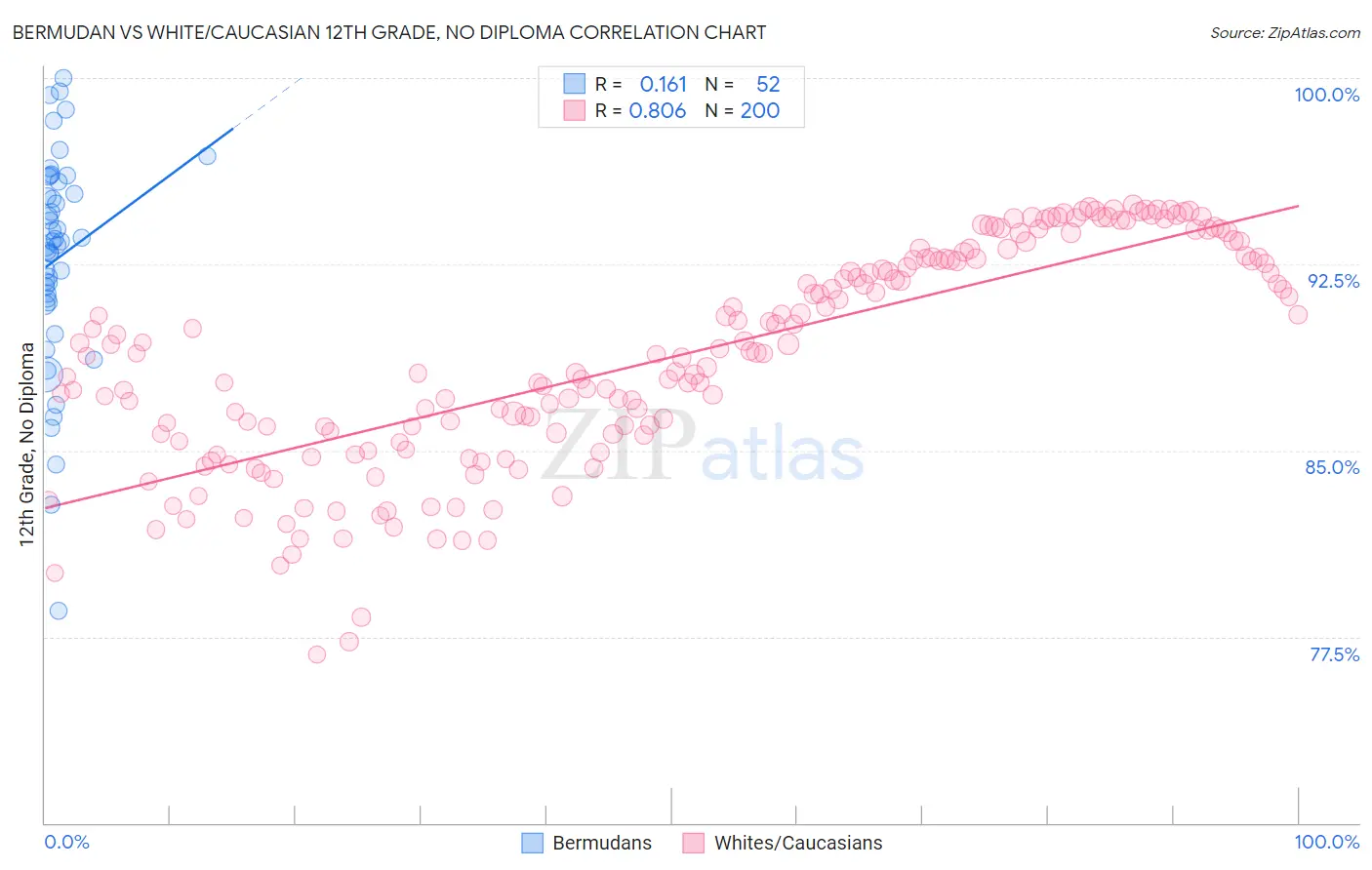 Bermudan vs White/Caucasian 12th Grade, No Diploma