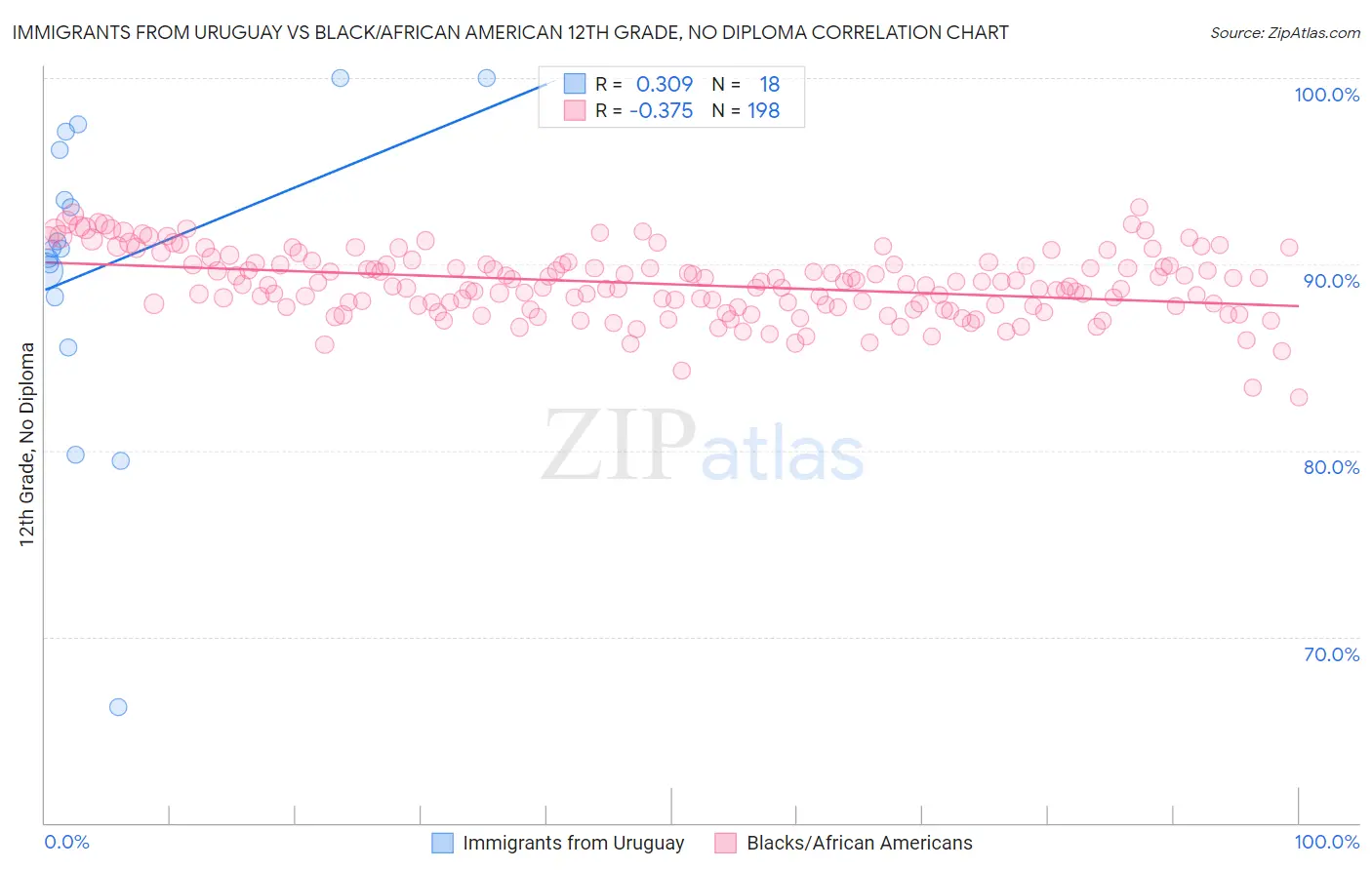 Immigrants from Uruguay vs Black/African American 12th Grade, No Diploma