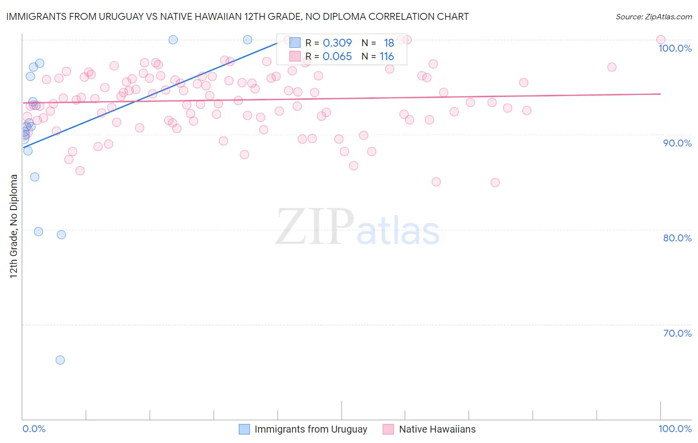 Immigrants from Uruguay vs Native Hawaiian 12th Grade, No Diploma