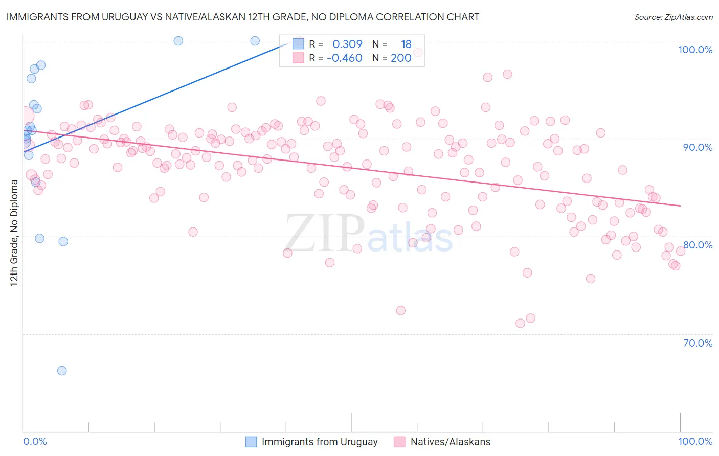 Immigrants from Uruguay vs Native/Alaskan 12th Grade, No Diploma
