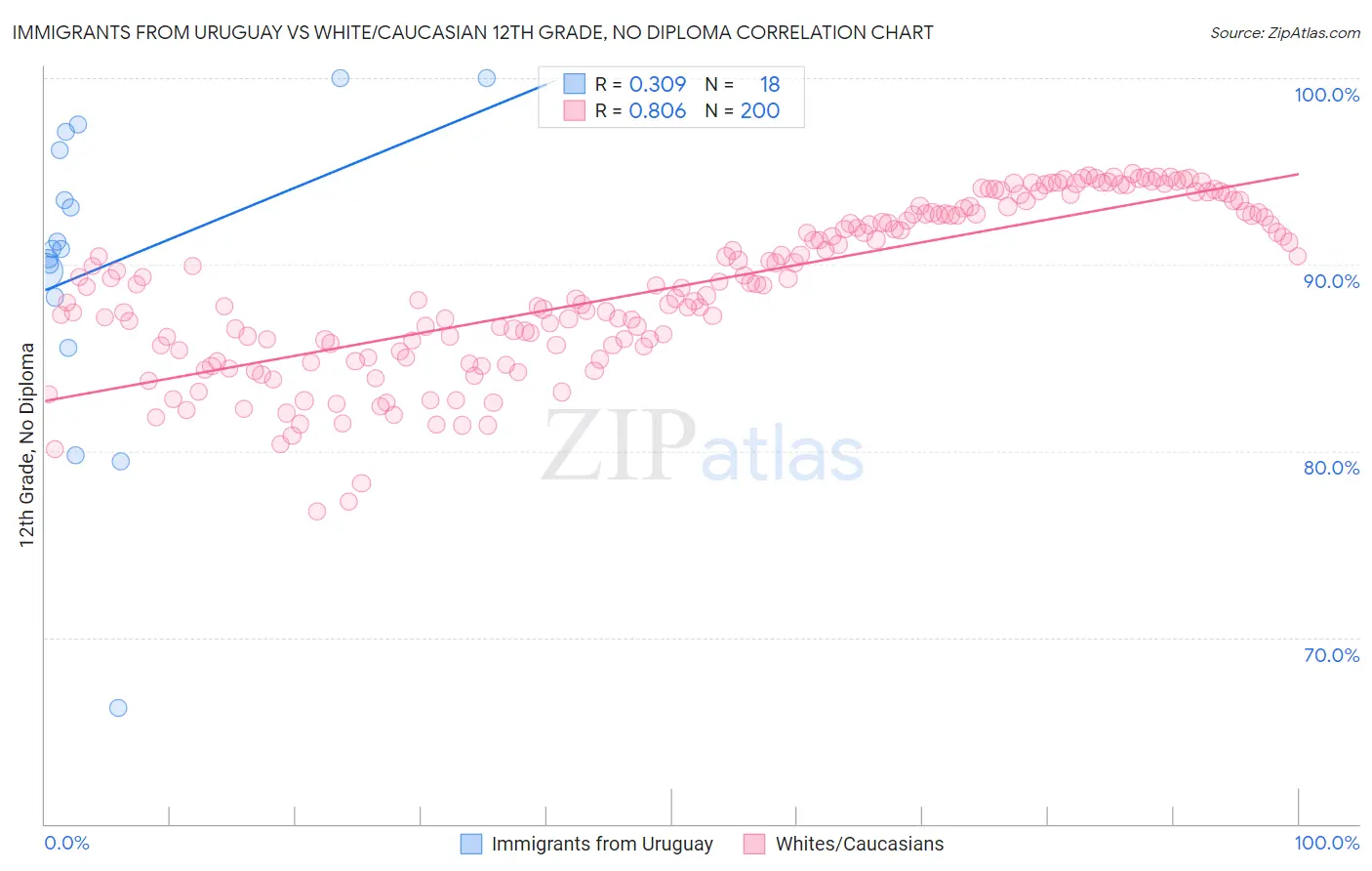 Immigrants from Uruguay vs White/Caucasian 12th Grade, No Diploma