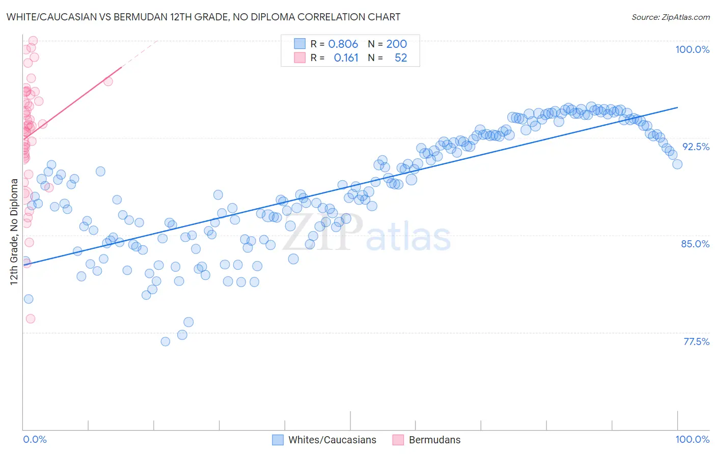 White/Caucasian vs Bermudan 12th Grade, No Diploma