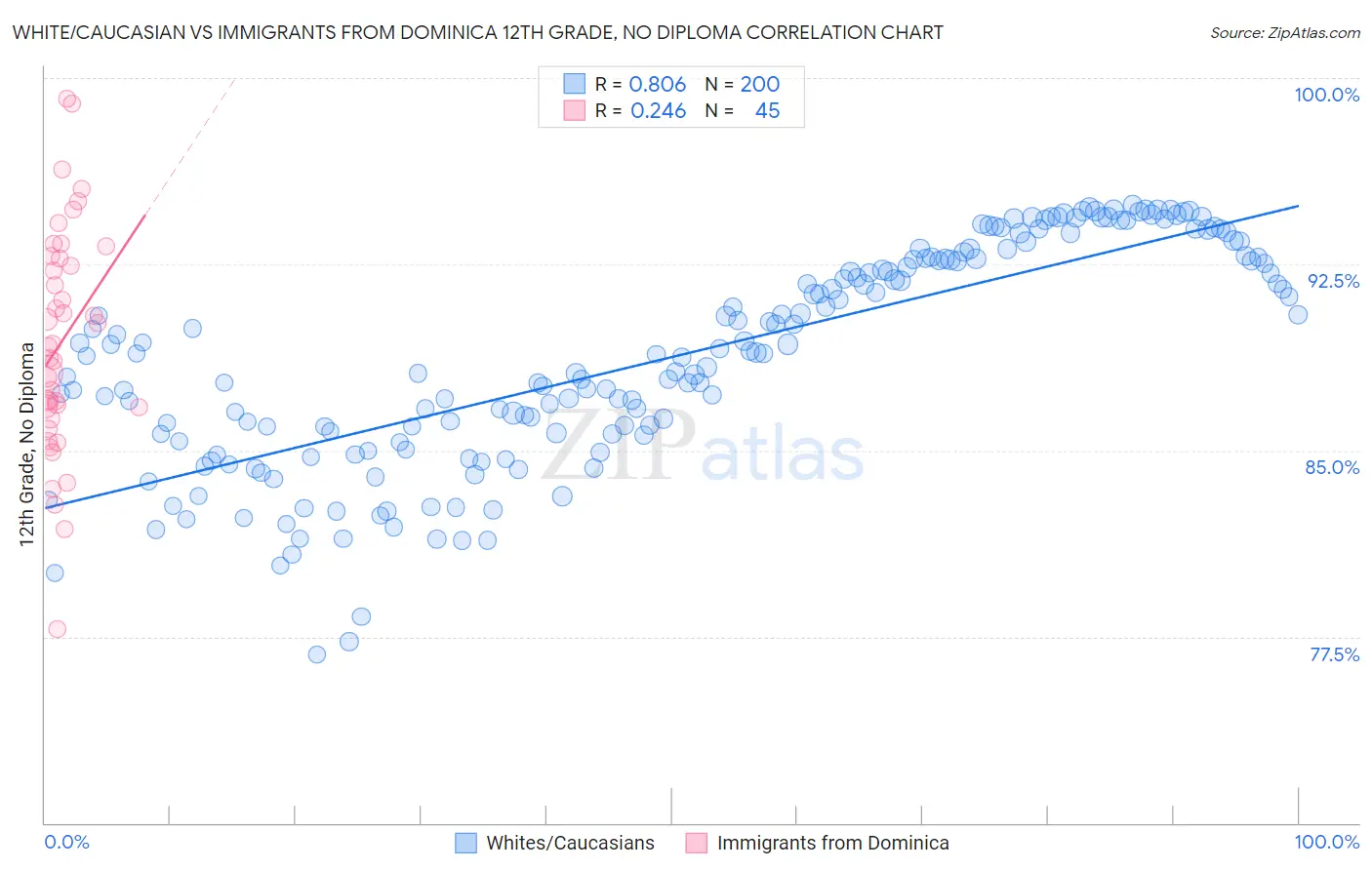 White/Caucasian vs Immigrants from Dominica 12th Grade, No Diploma