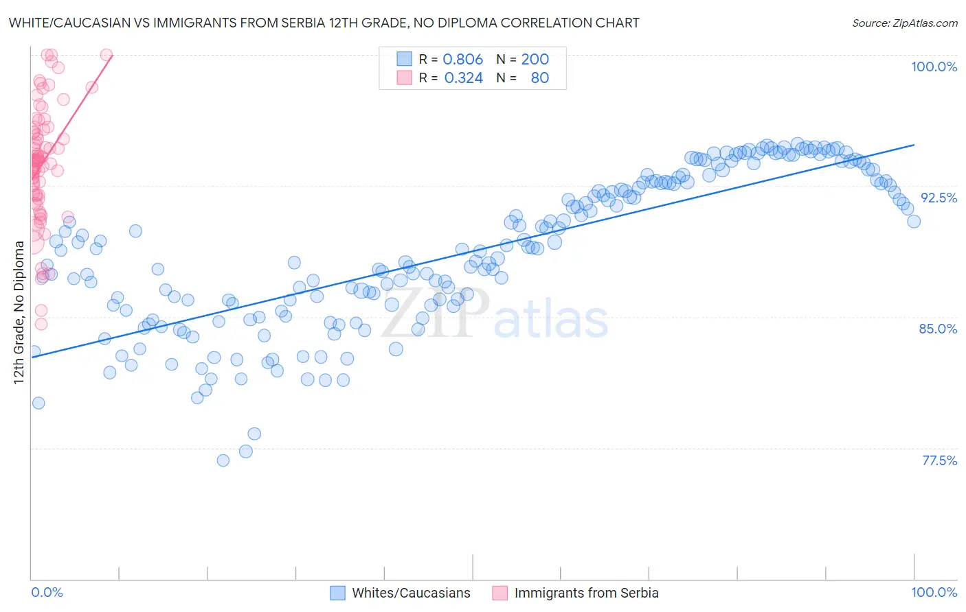 White/Caucasian vs Immigrants from Serbia 12th Grade, No Diploma